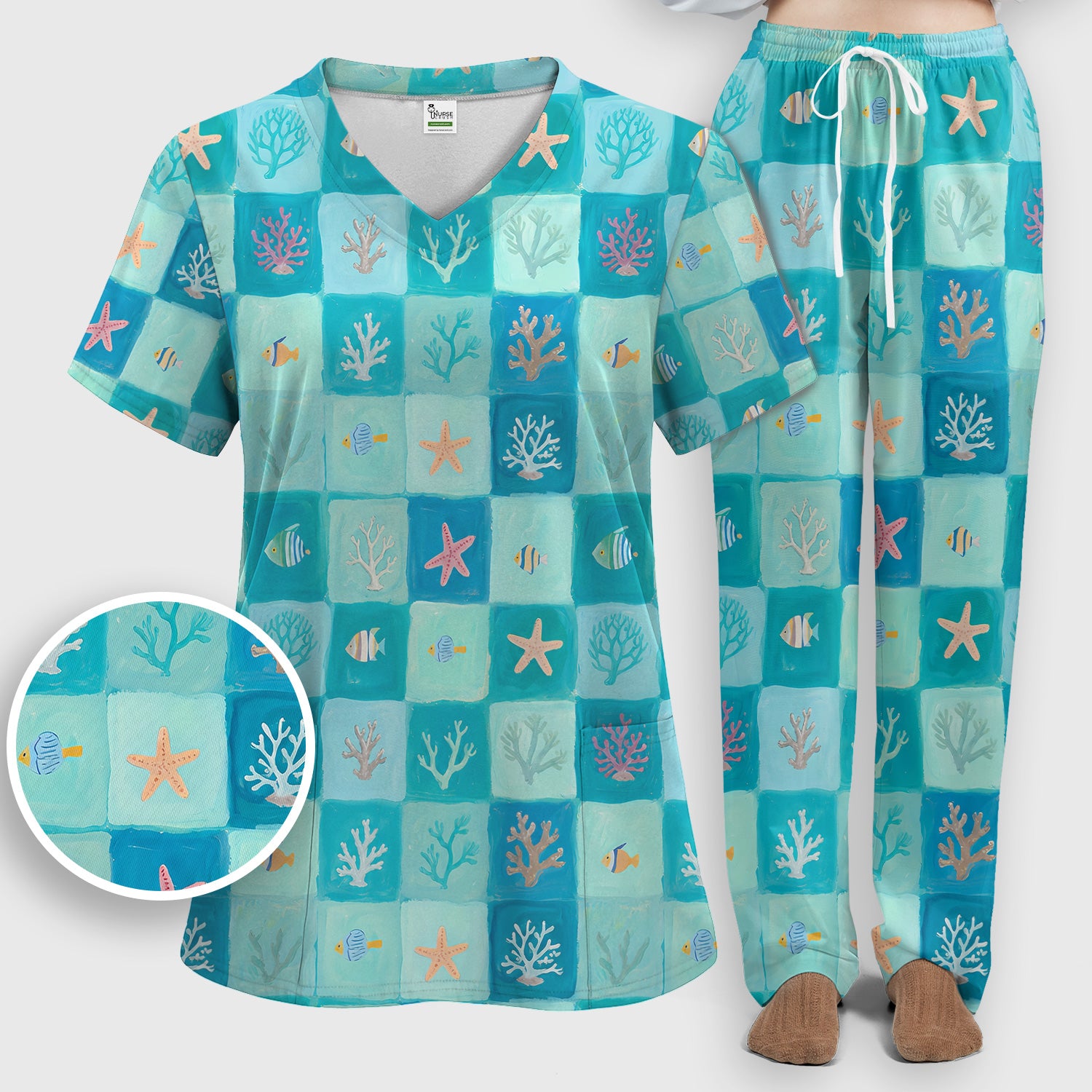 Ocean Coral Fish Starfish Checkered Pattern Scrub Set, Scrub Pants and V Neck Top