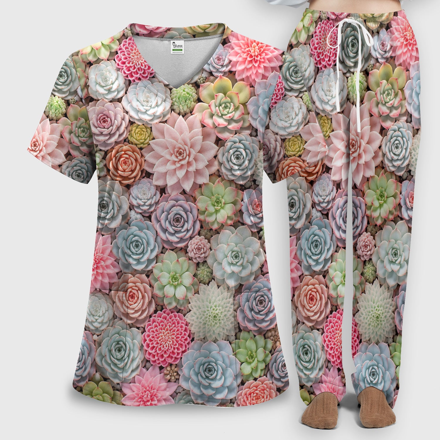 Cute Pastel Succulent Blossom Pattern Scrub Set, Scrub Pants and V Neck Top