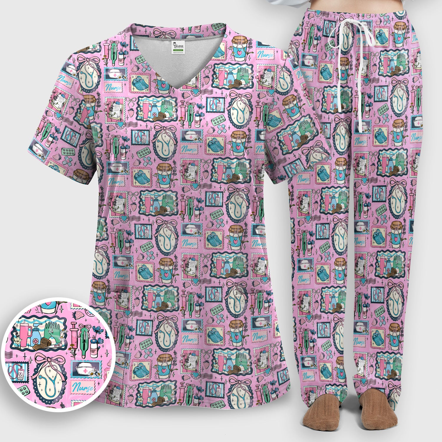 Medical Tools Stethoscope Syringe Frame Scrub Top, Breathable Fabrics Nursing Uniform