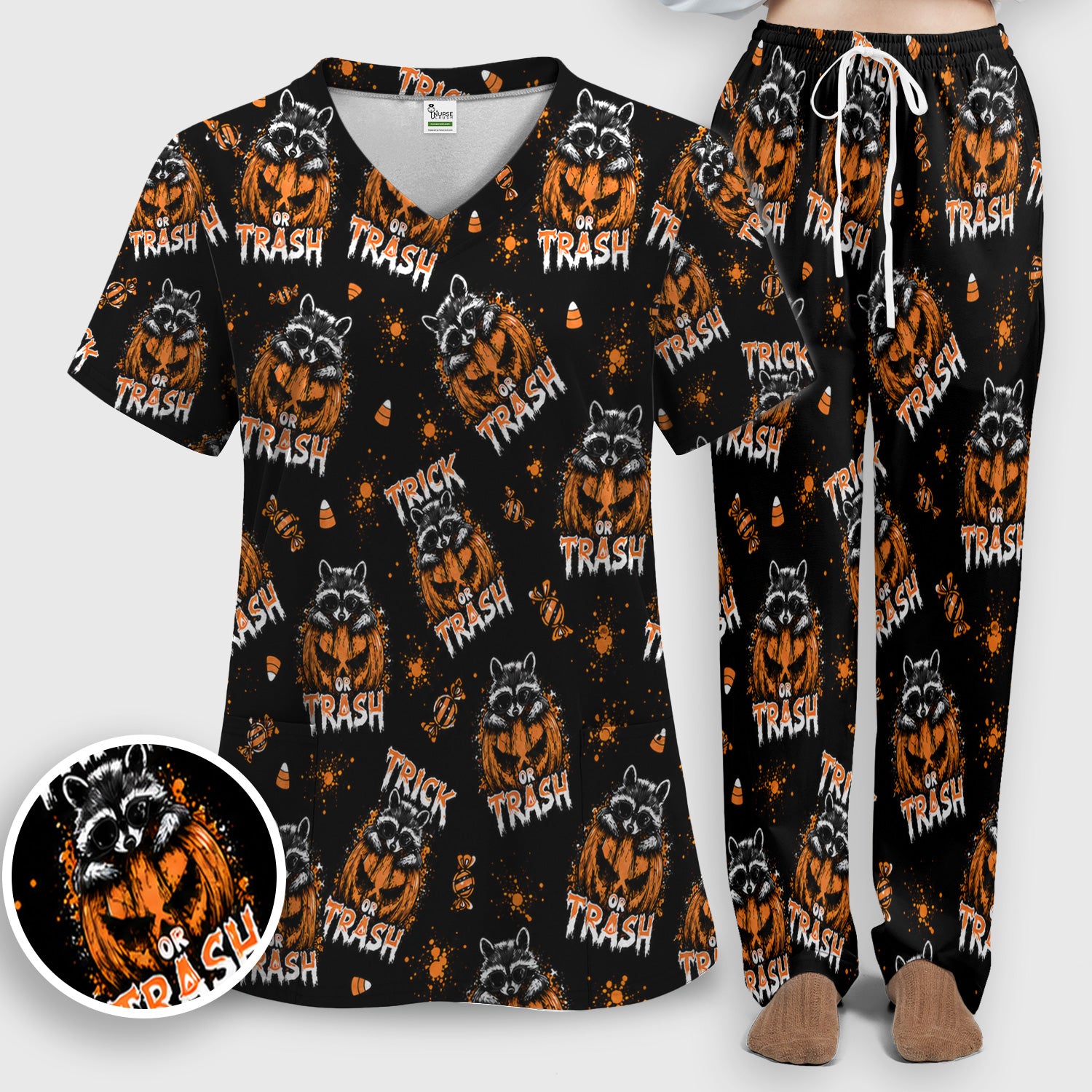 Funny Halloween Trick Or Trash Raccoon Scrub Set, Scrub Pants and V Neck Top