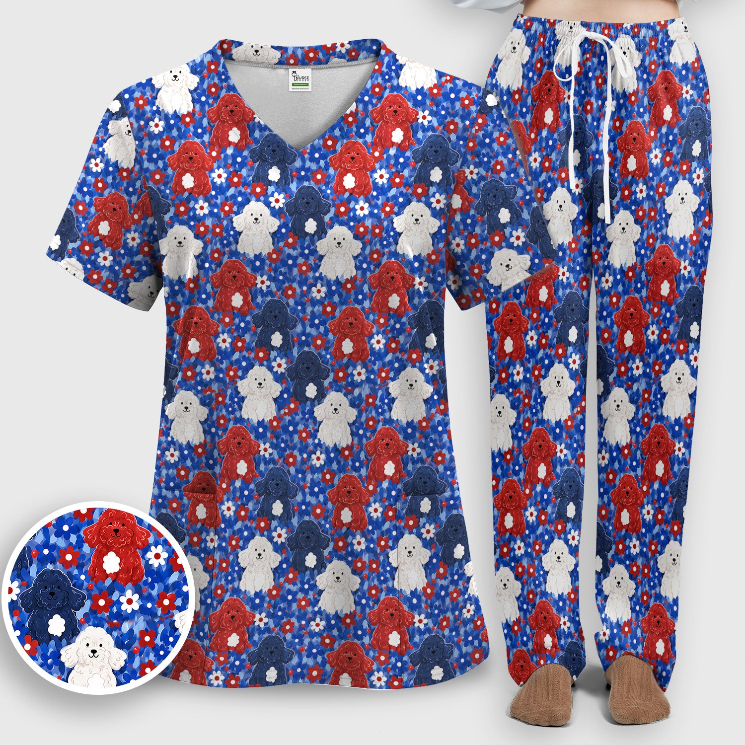 Cute Poodle Floral Garden Print Scrub Set, Scrub Pants and V Neck Top