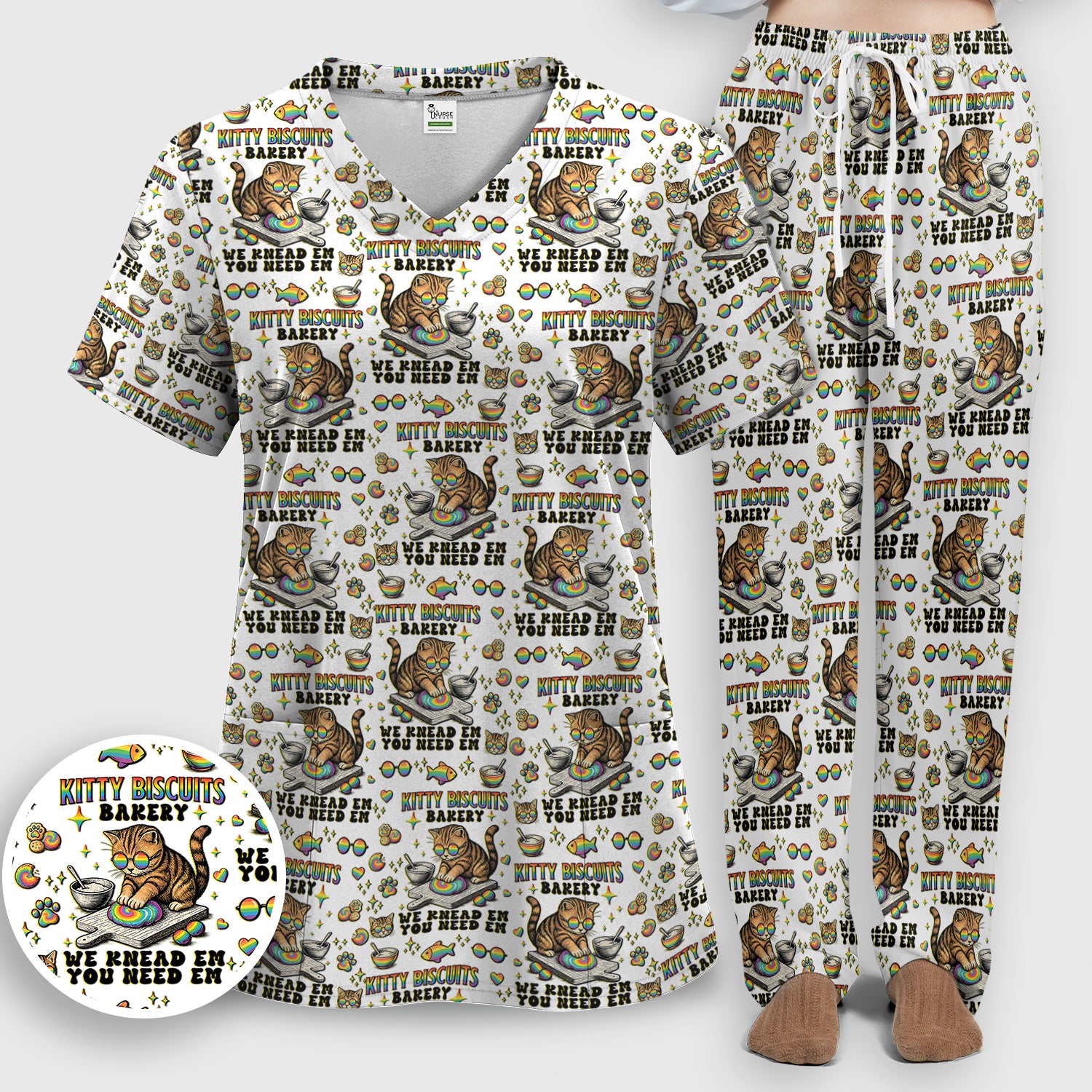 Pride Nurse Cat Baking Rainbow Dough Pattern Scrub Set, Women's Scrub Sets