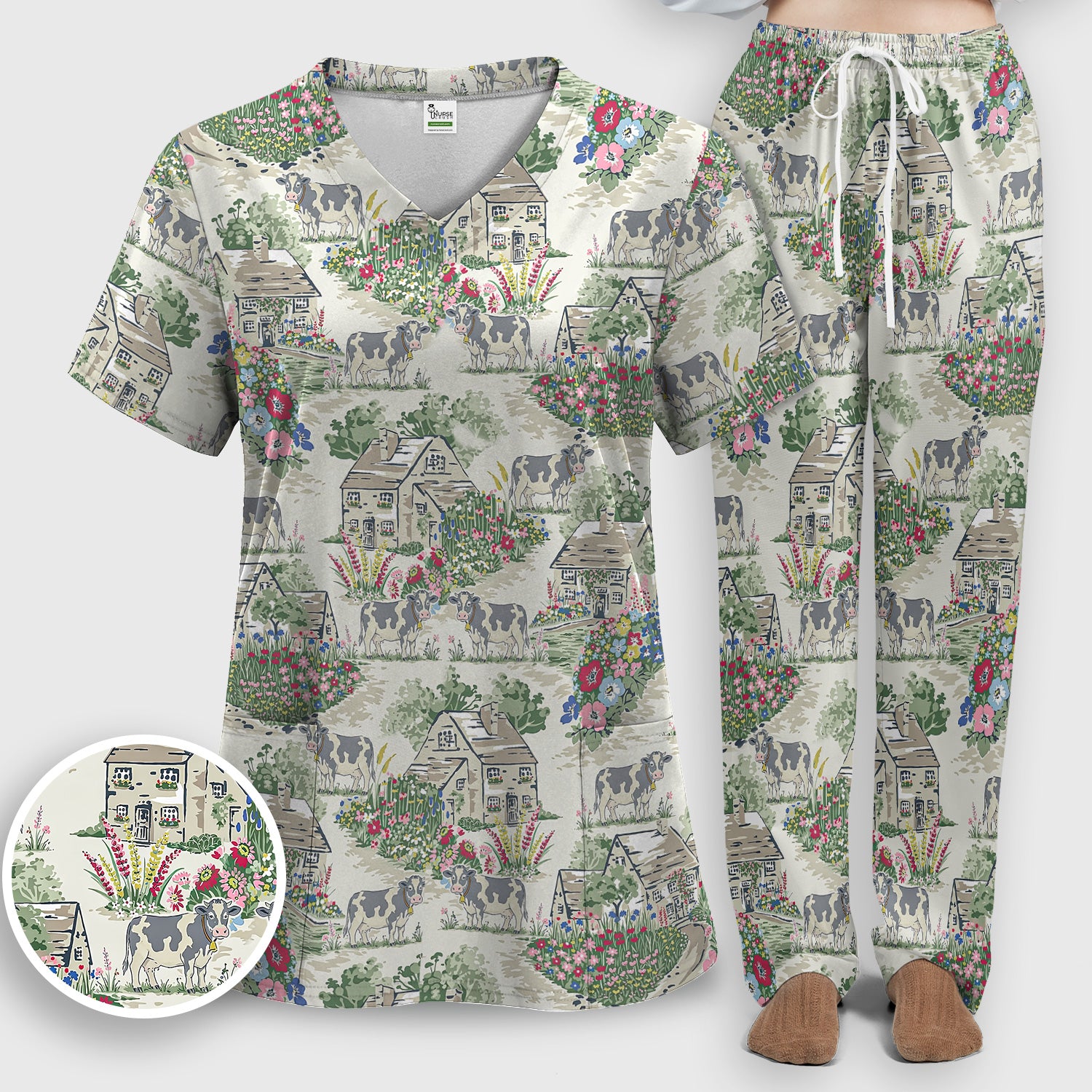 Charming Countryside Cows Cottage Garden Pattern Scrub Set, Scrub Pants and V Neck Top
