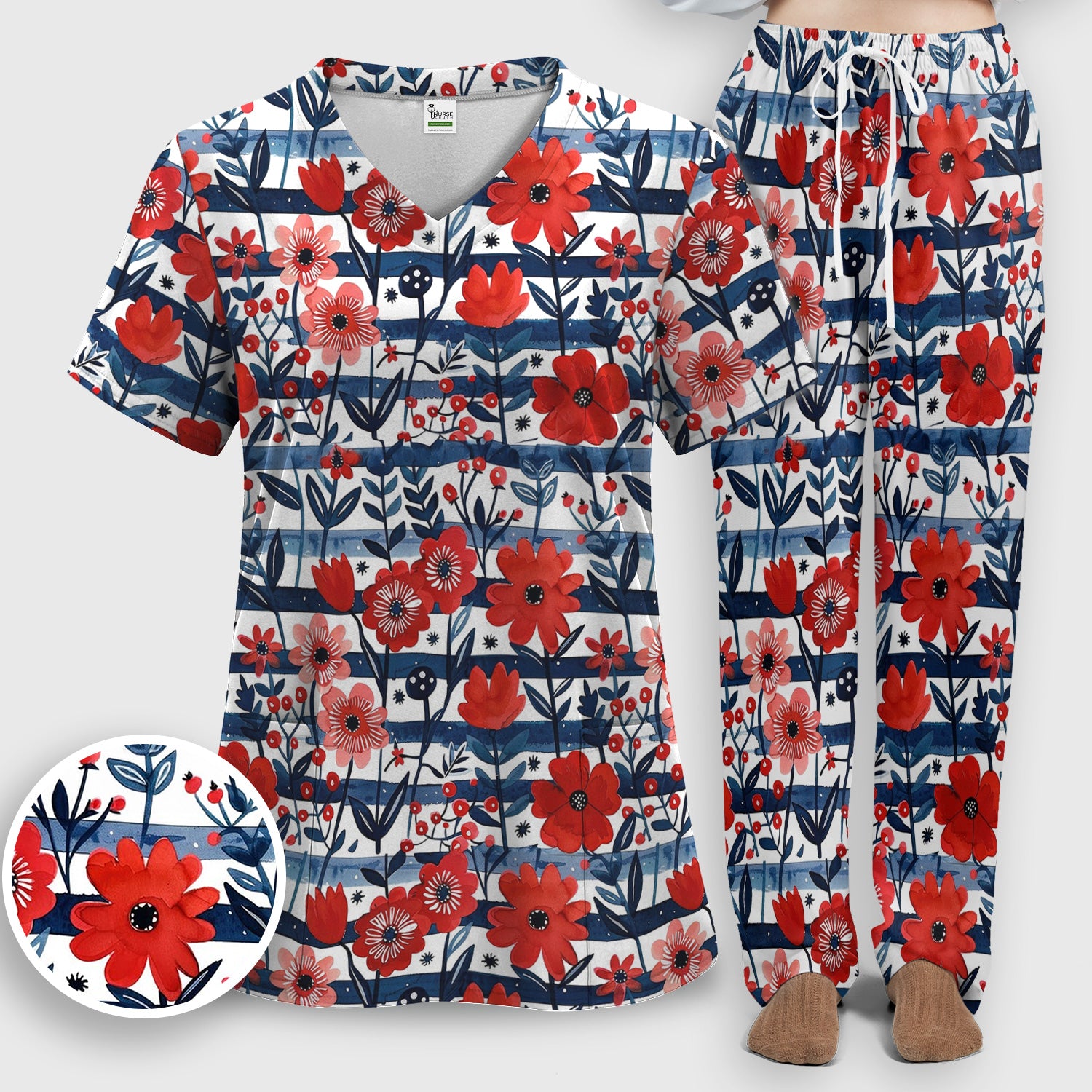 Red Poppy Navy Stripe Pattern Scrub Set, Scrub Pants and V Neck Top