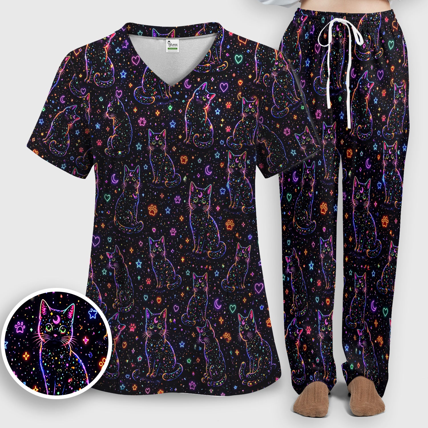 Mystical Cosmic Moon Cat Pattern Scrub Set, Scrub Pants and V Neck Top
