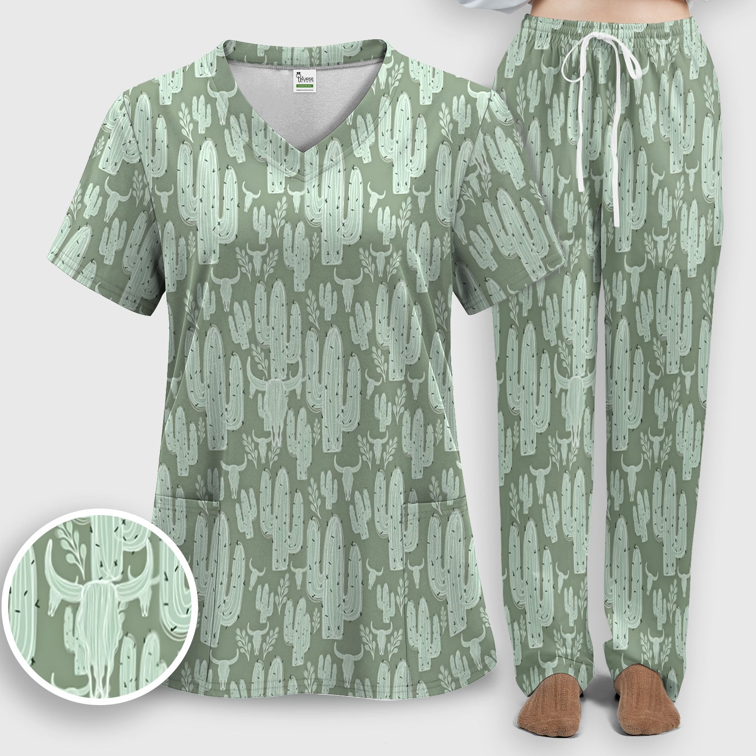 Funny Desert Cactus Skull Pattern Scrub Set, Scrub Pants and V Neck Top