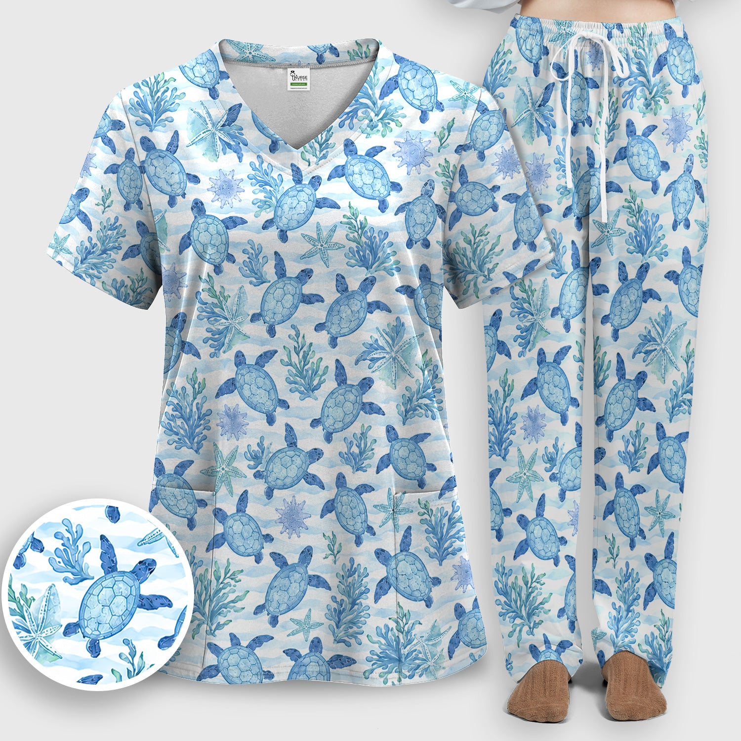 Cute Coastal Sea Turtle Coral Pattern Scrub Set, Scrub Pants and V Neck Top