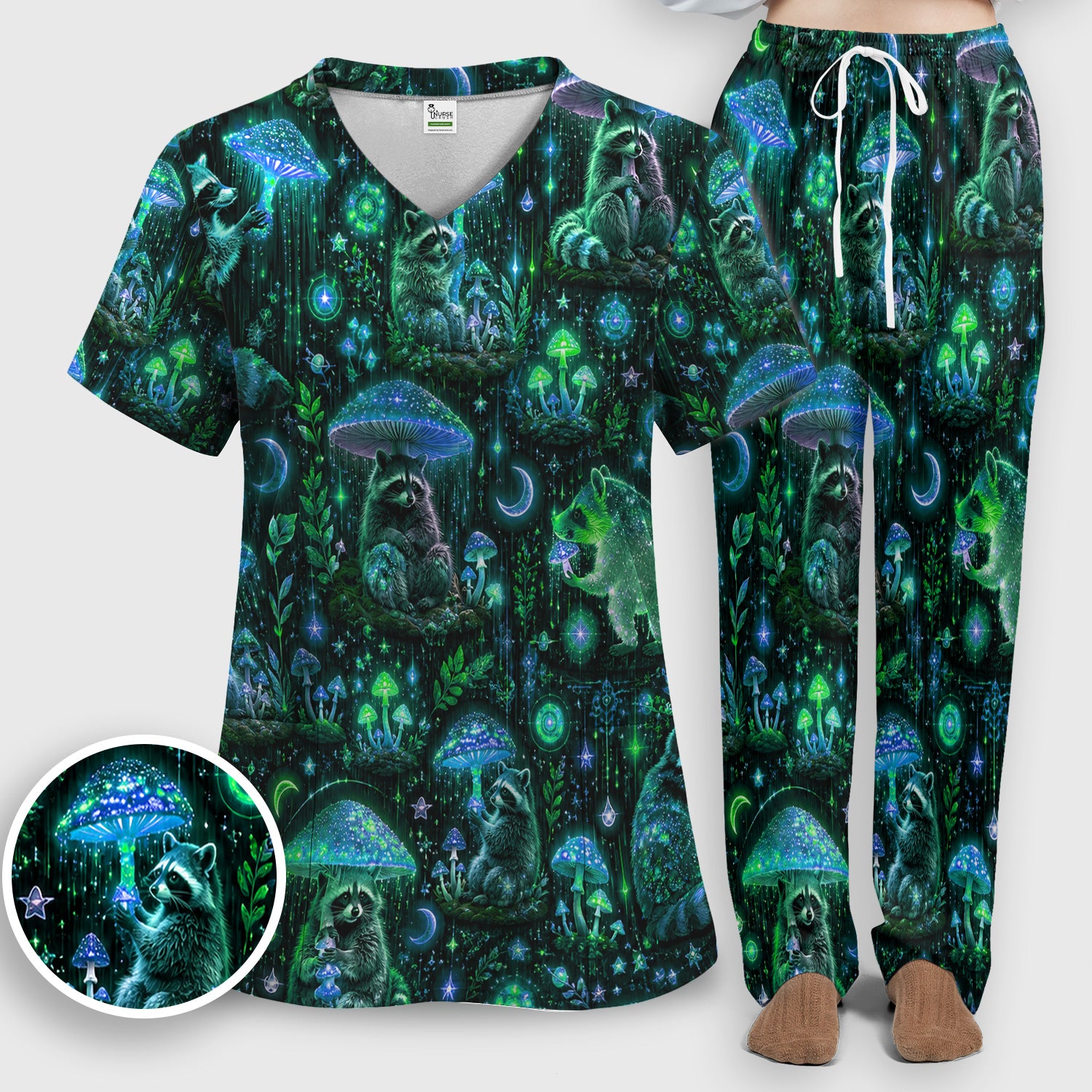 Glowing Raccoon Forest Pattern Scrub Set, Scrub Pants and V Neck Top