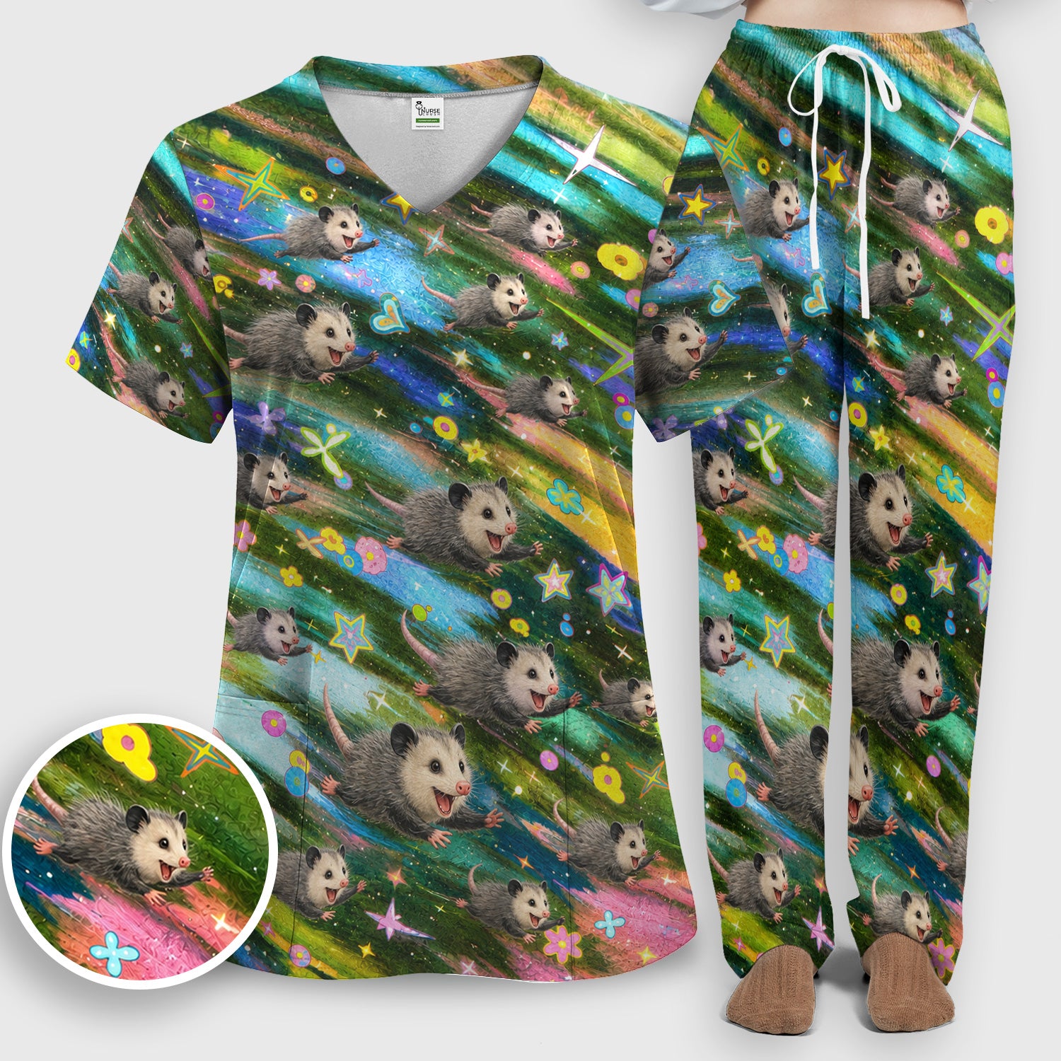 Colorful Opossum Rainbow Stars Print Scrub Set, Scrub Pants and V Neck Top