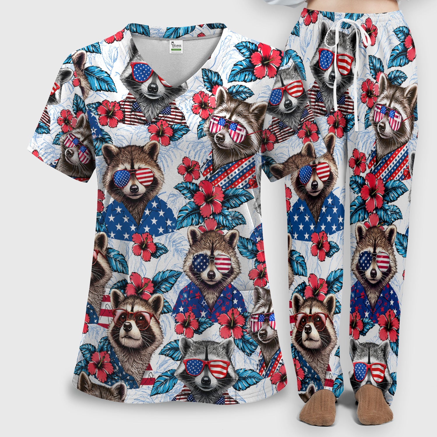 Funny Patriotic Raccoon Sunglasses Pattern Scrub Set, Scrub Pants and V Neck Top