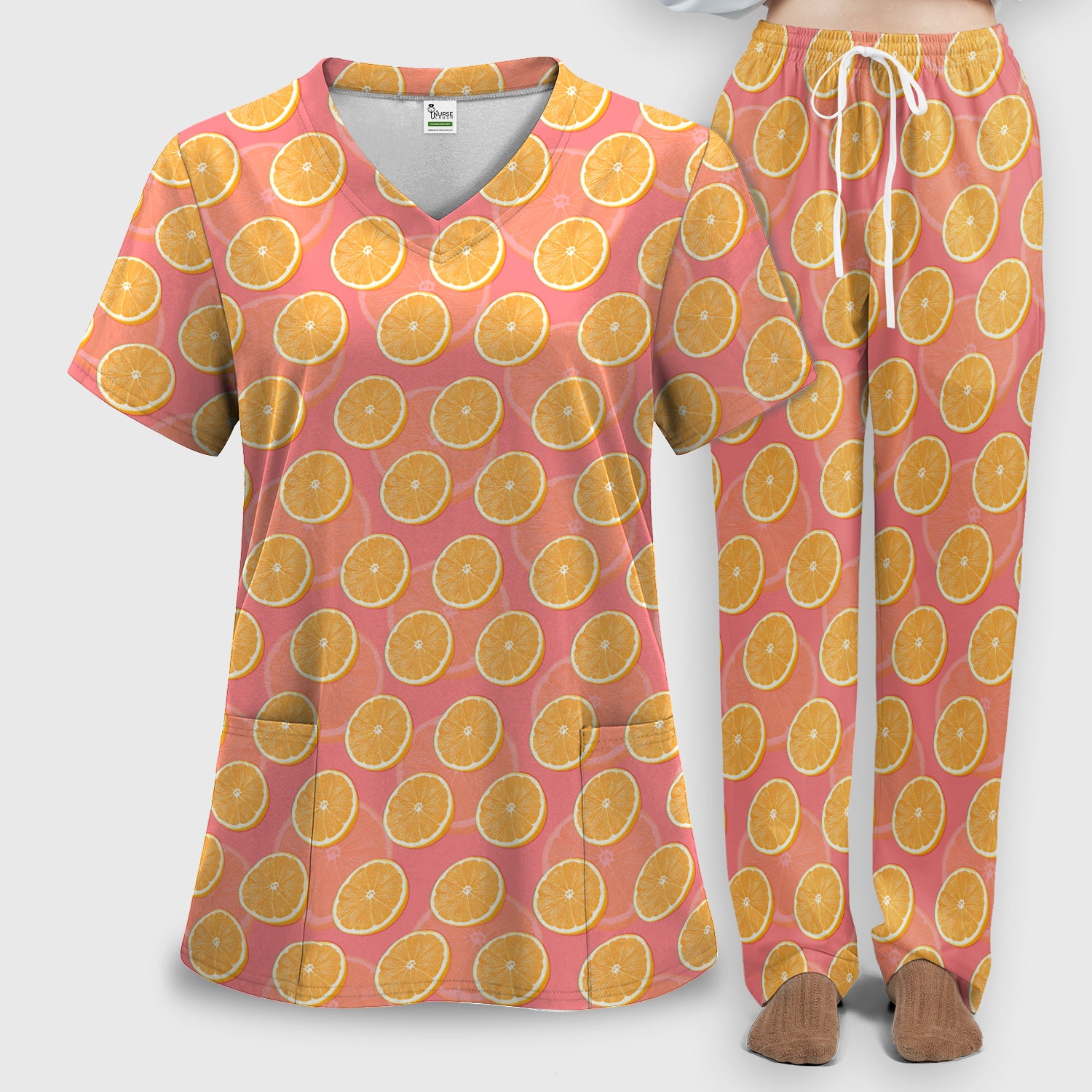 Fresh Orange Slice Pattern Scrub Set, Scrub Pants and V Neck Top