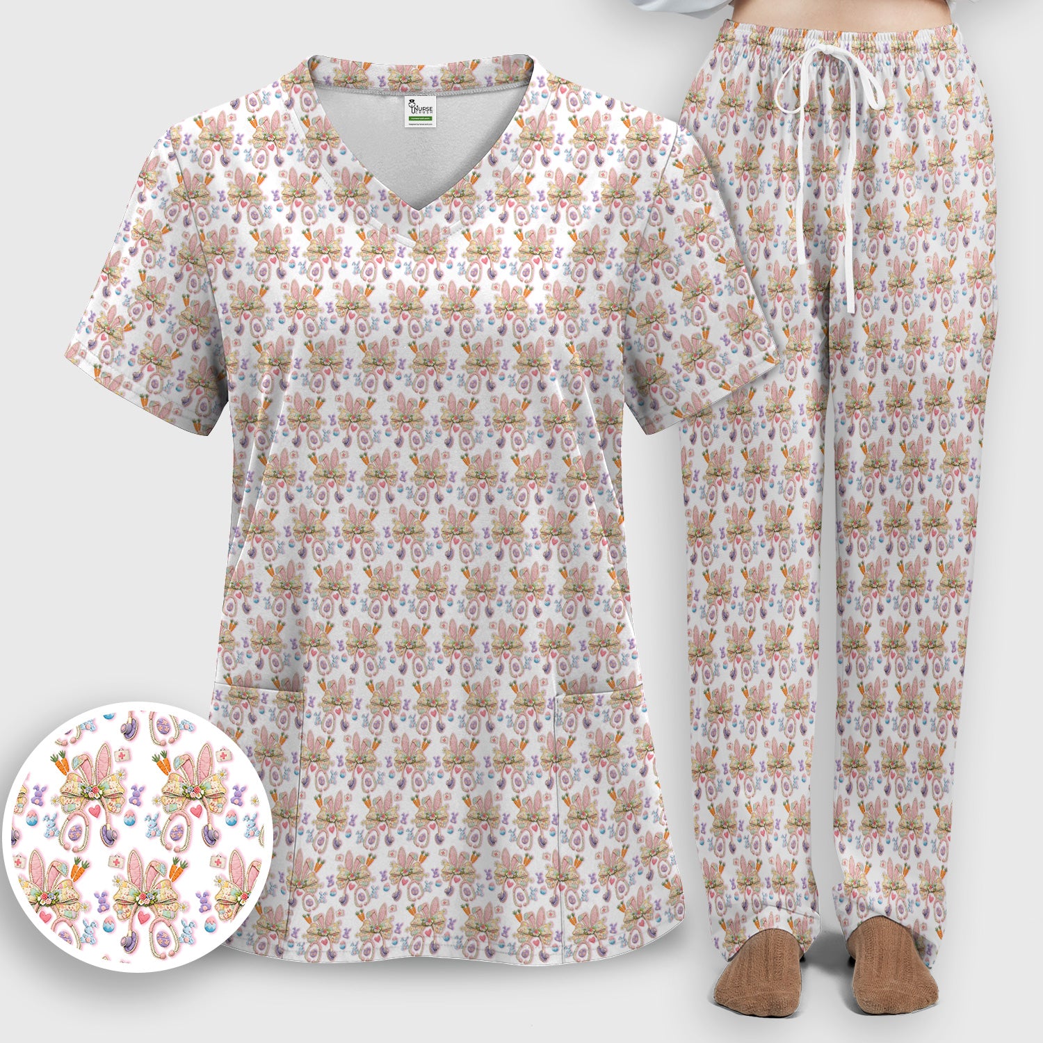 Easter Bunny Stethoscope Pastel Print Scrub Set, Scrub Pants and V Neck Top