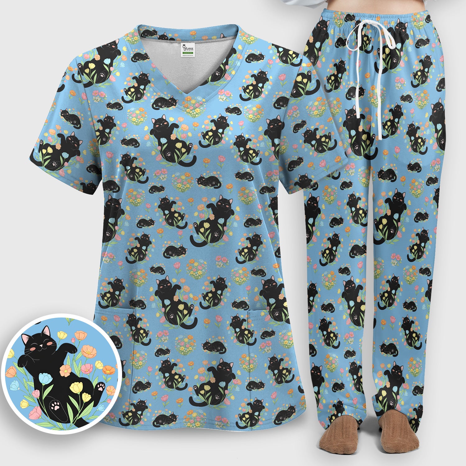 Cats With Cute Poses Floral Pattern Scrubs Sets, Scrub Pants and V Neck Top