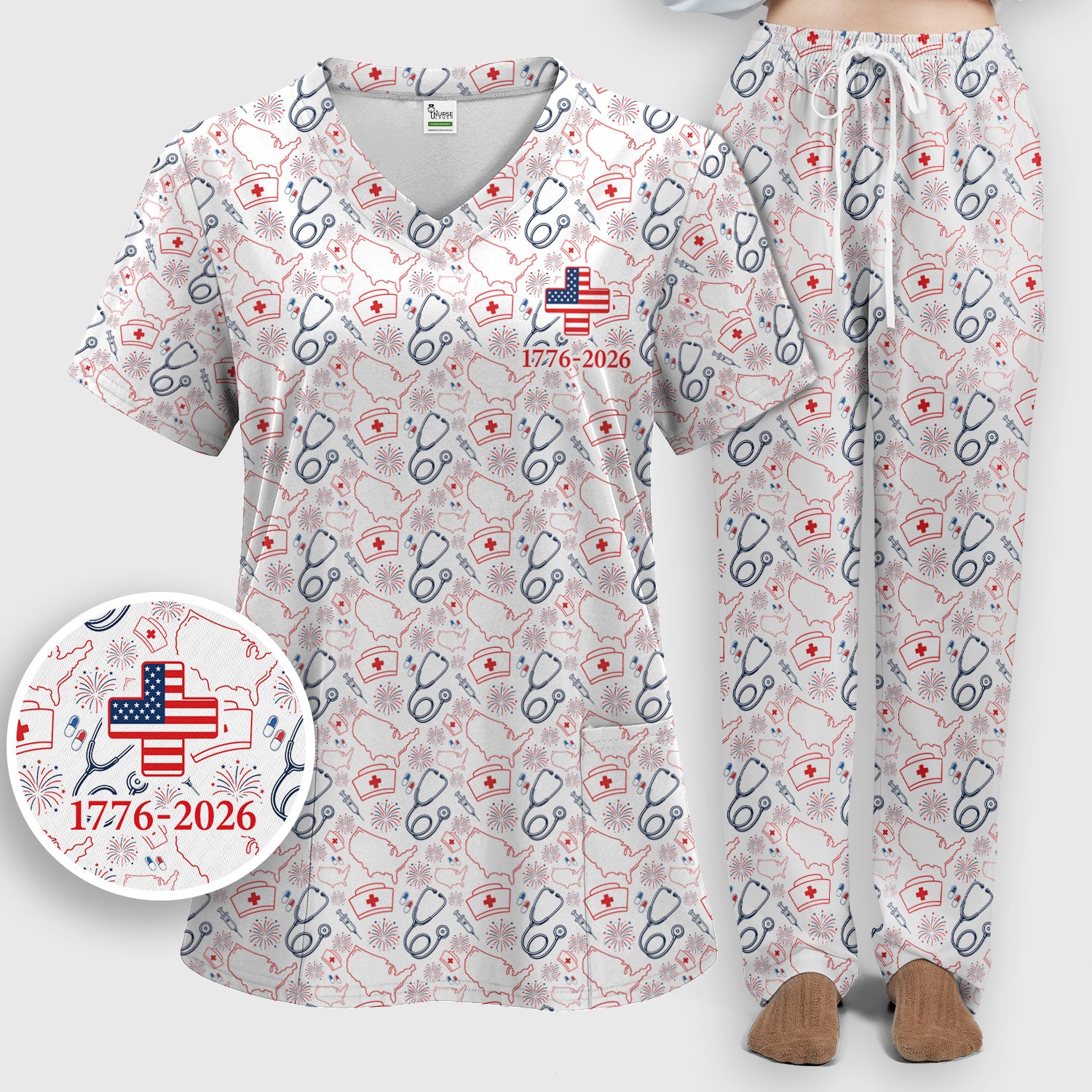 Patriotic Nurse Stethoscope Flag Pattern Scrub Set, Scrub Pants and V Neck Top