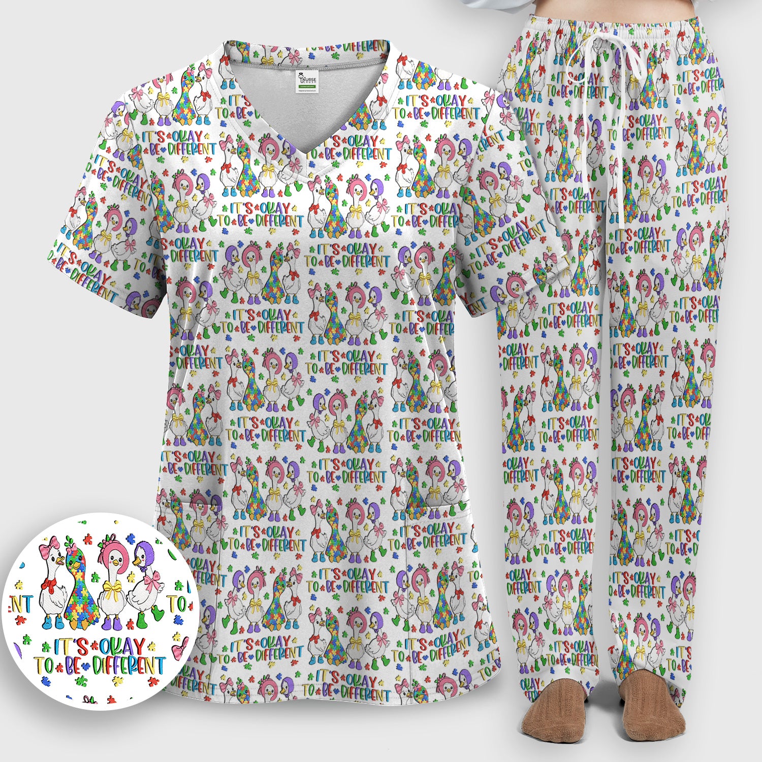 It’s Okay To Be Different Duck Pattern Scrub Set, Nurse Uniform Scrubs Set