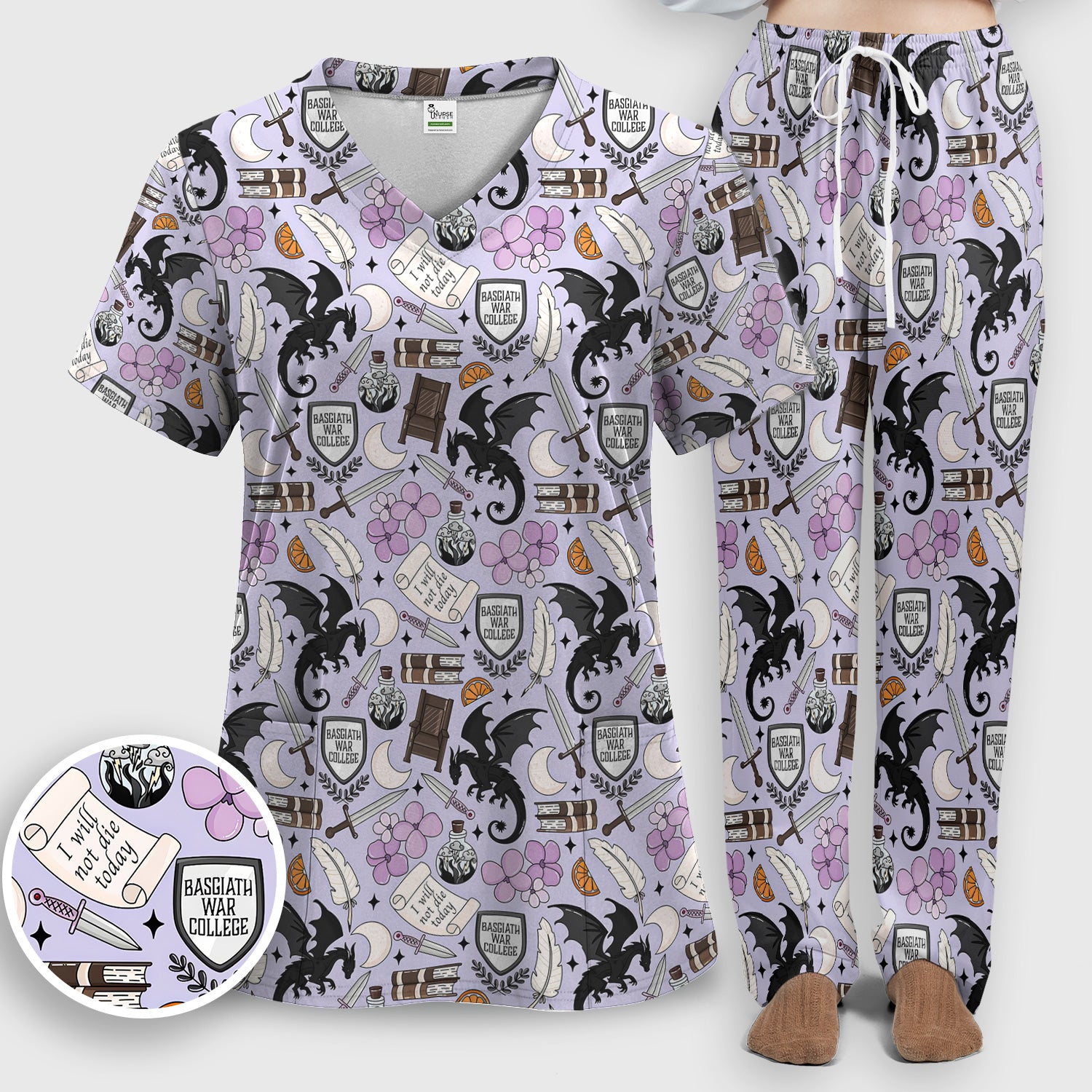 Spooky Gothic Fantasy Dragon Pattern Scrub Set, Scrub Pants and V Neck Top
