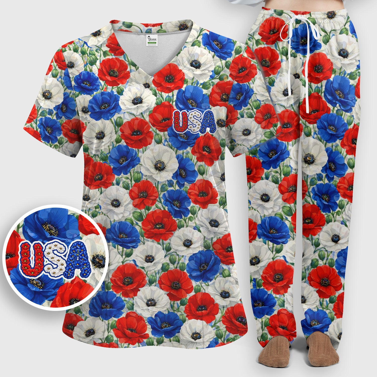 Festive Patriotic Red Blue Poppy Floral Pattern Scrub Set, Scrub Pants and V Neck Top