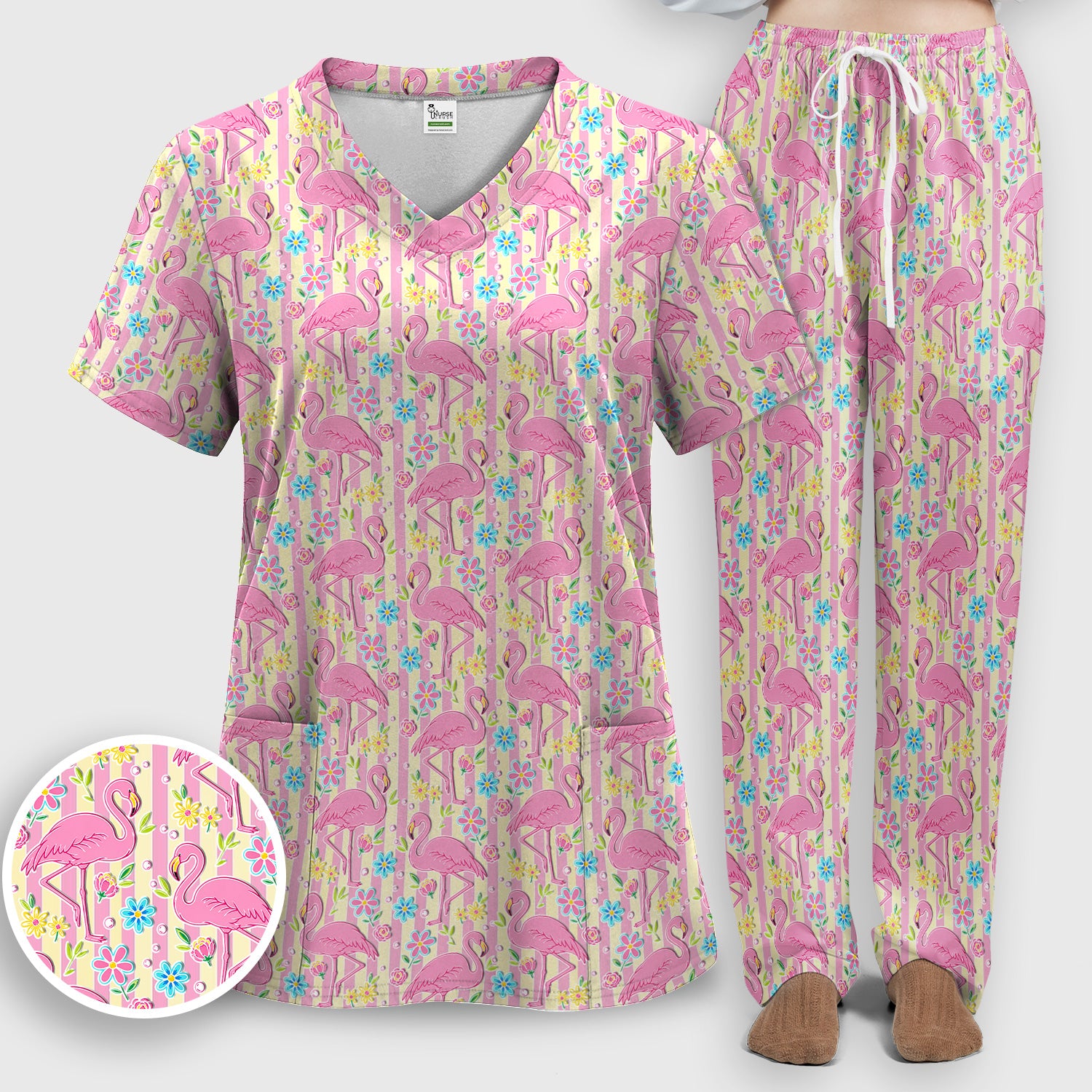 Pink Flamingo Flower Stripe Pattern Scrub Set, Scrub Pants and V Neck Top