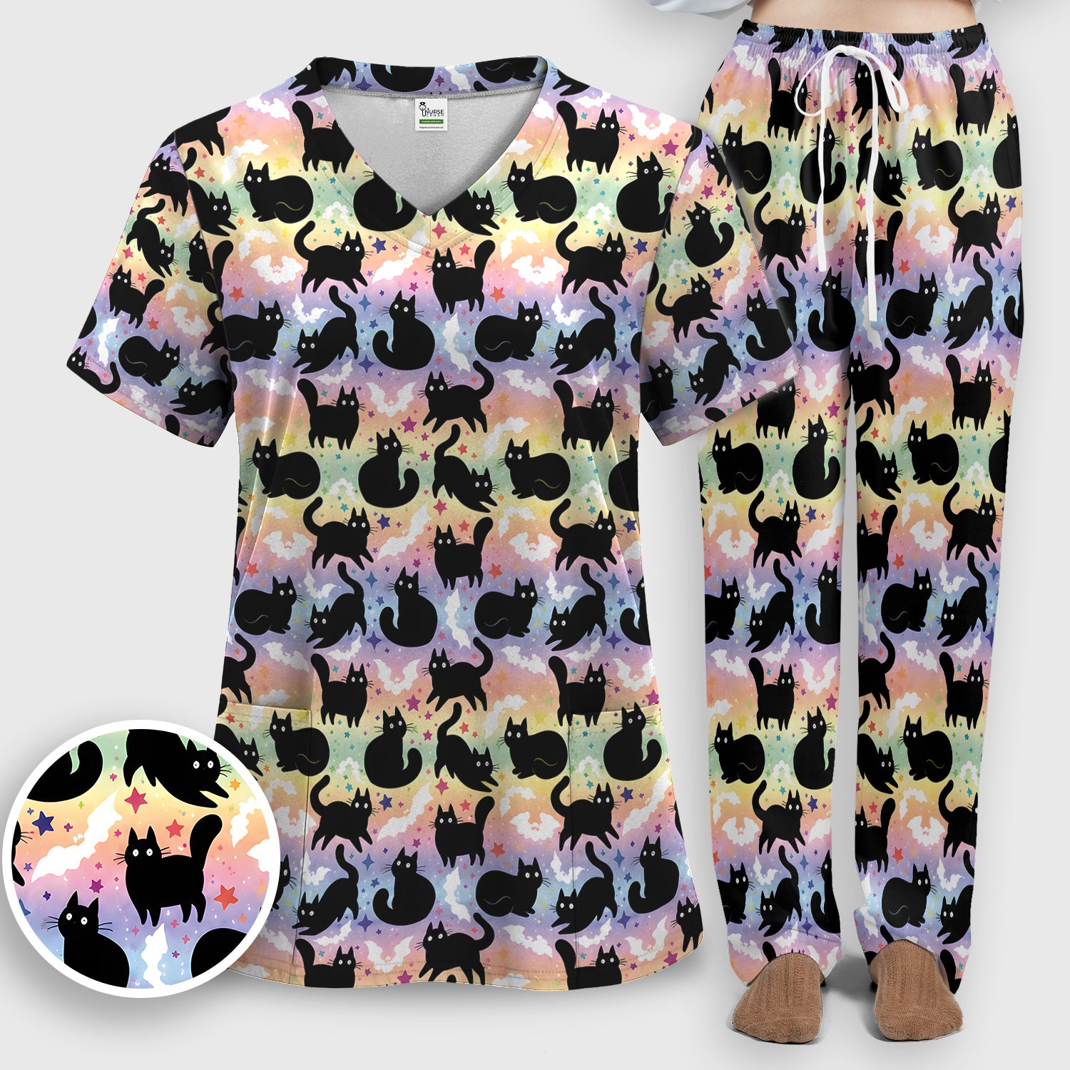 Pastel Star Black Cat Pattern Scrub Set, Scrub Pants and V Neck Top