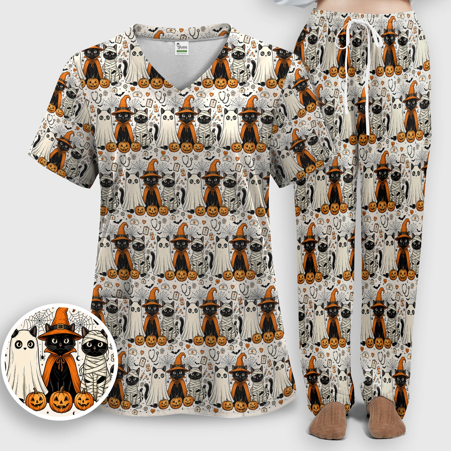 Spooky Halloween Costume Cats Scrub Set, Scrub Pants and V Neck Top