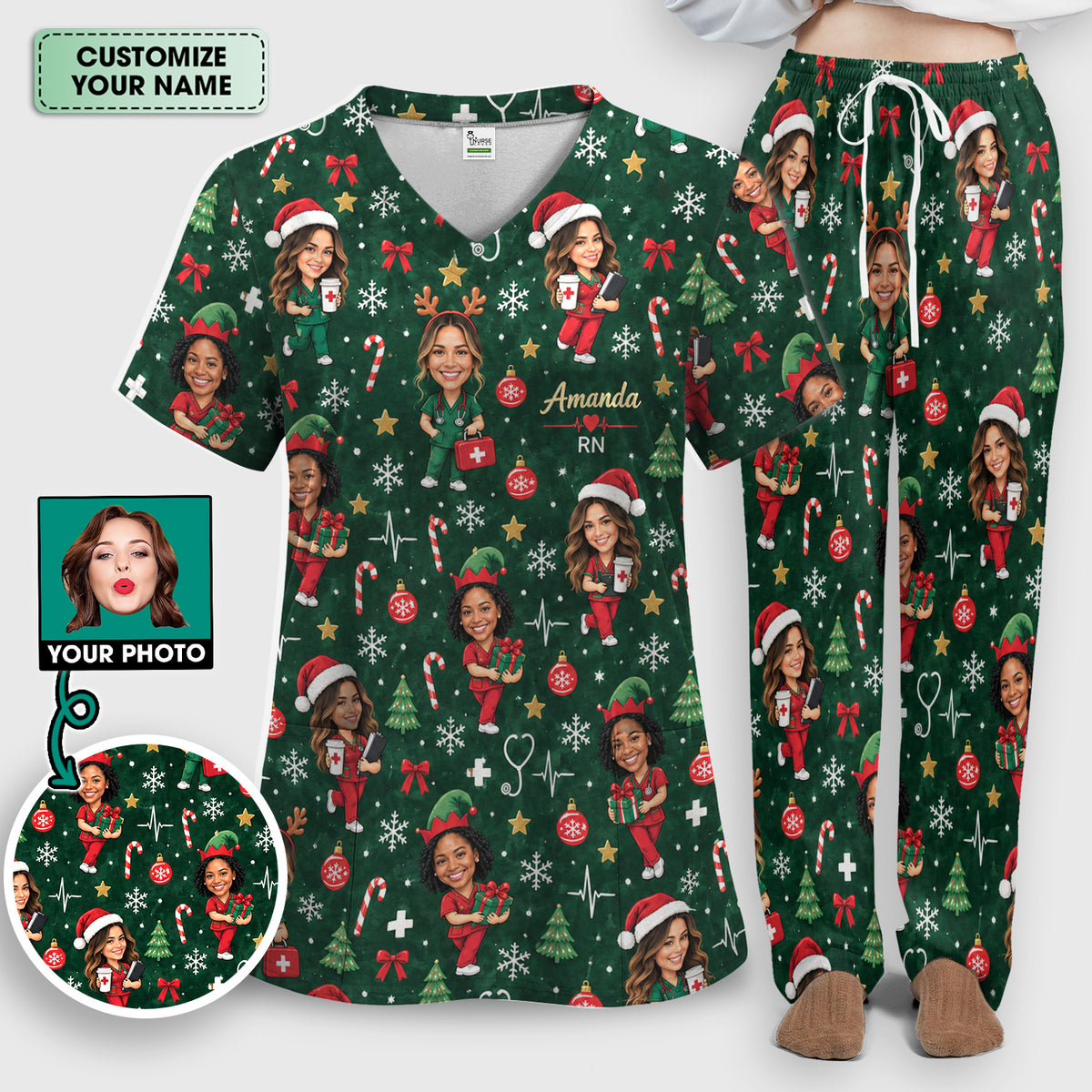 Personalized Christmas Nurse Photo And Name Scrub Set, Scrub Pants and V Neck Top