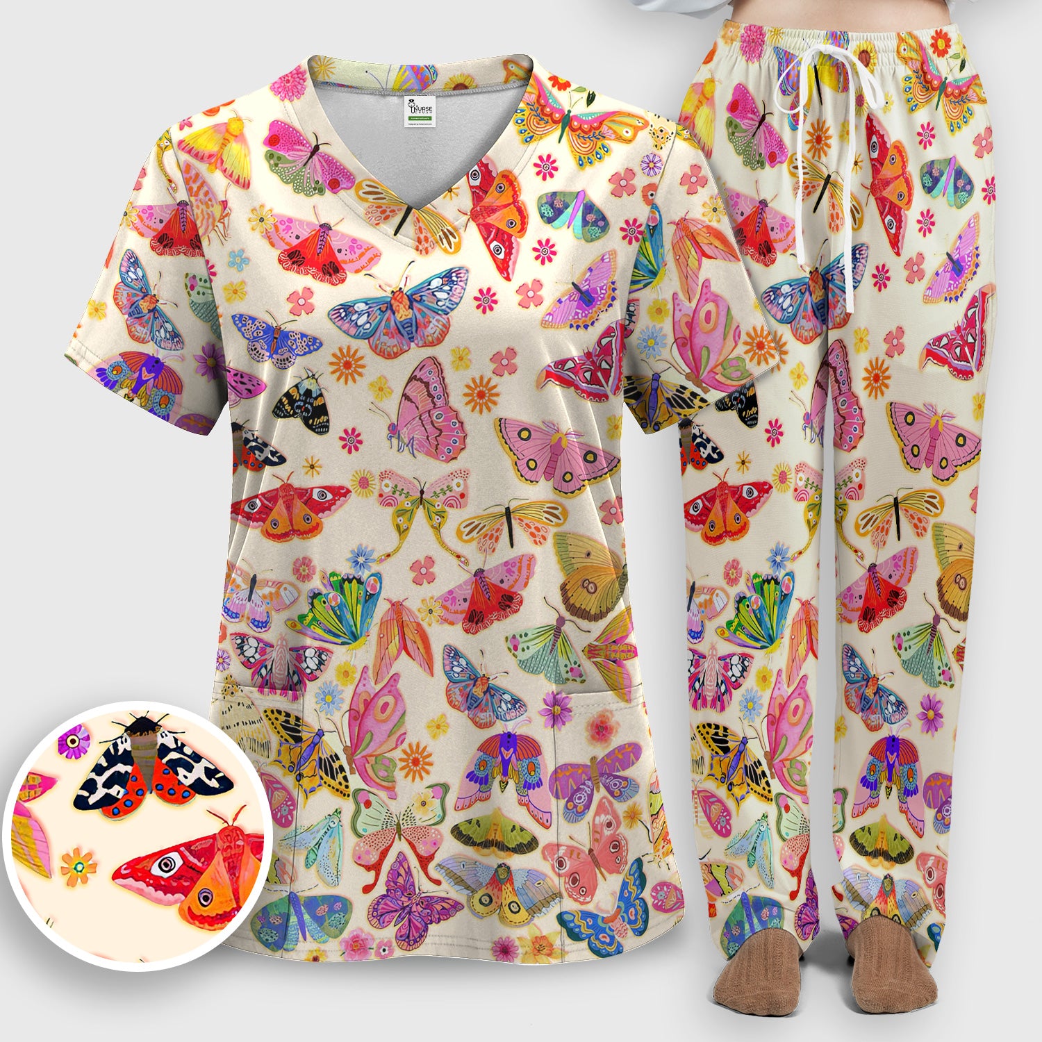 Colorful Butterfly Floral Pattern Scrub Set, Scrub Pants and V Neck Top