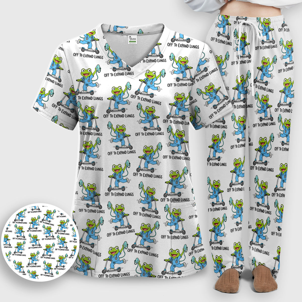 Buntes Kasack-Set mit Neon-Katzenköpfen, Schlupfhose und V-Ausschnitt-Oberteil