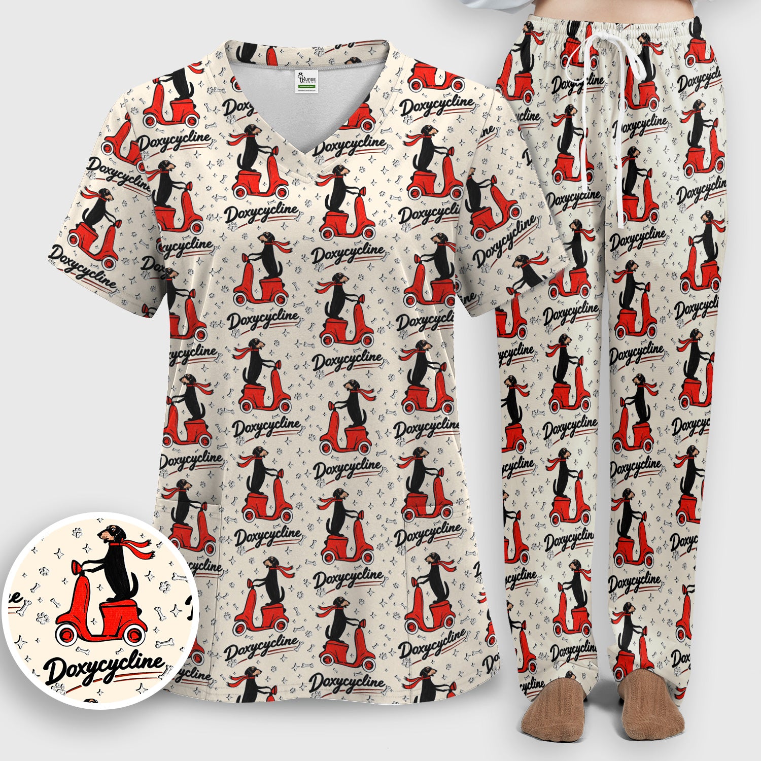 Funny Dachshund Riding Scooter Doxycycline Print Scrub Set, Breathable Med Uniform