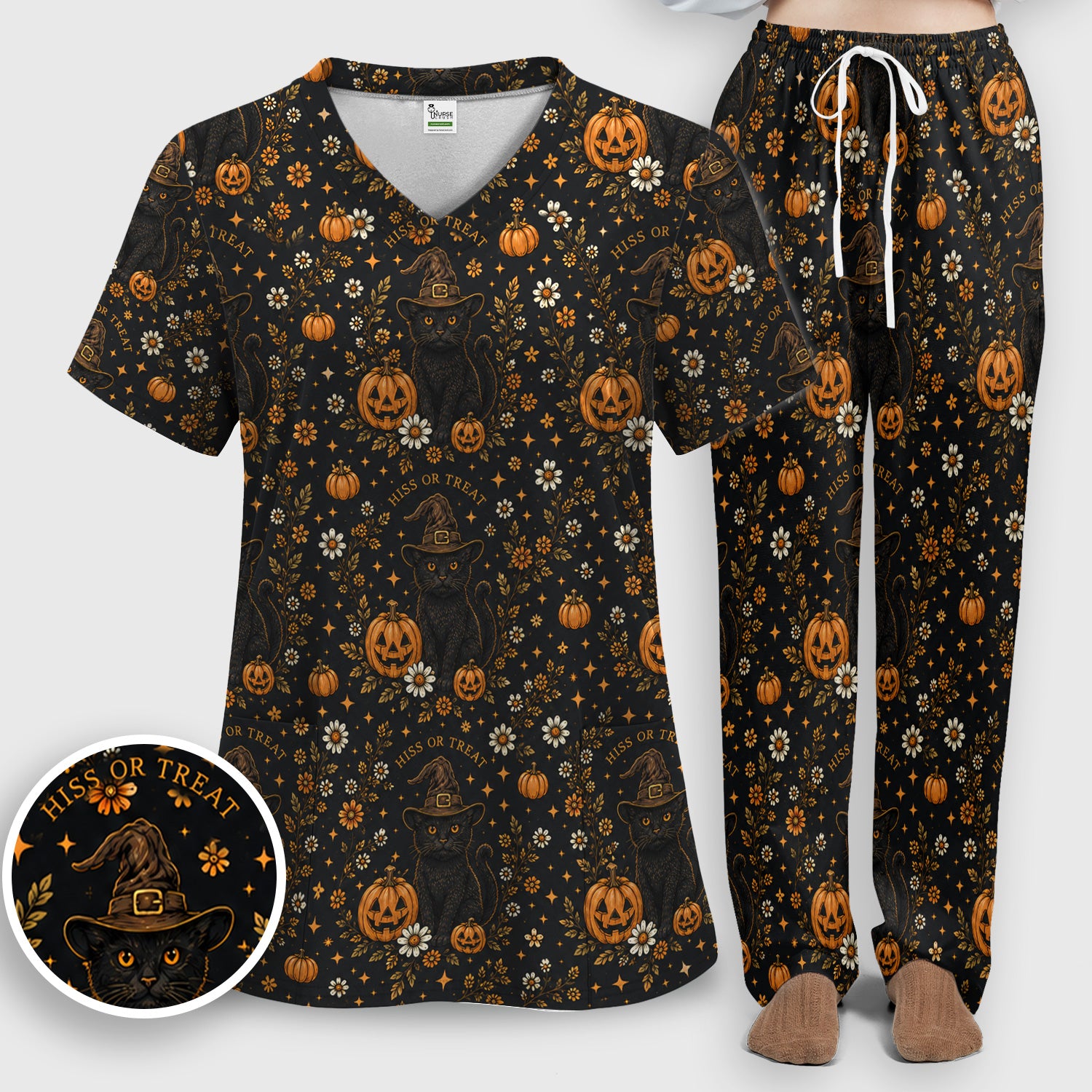 Halloween Black Cat Pumpkin Floral Scrub Set, Scrub Pants and V Neck Top