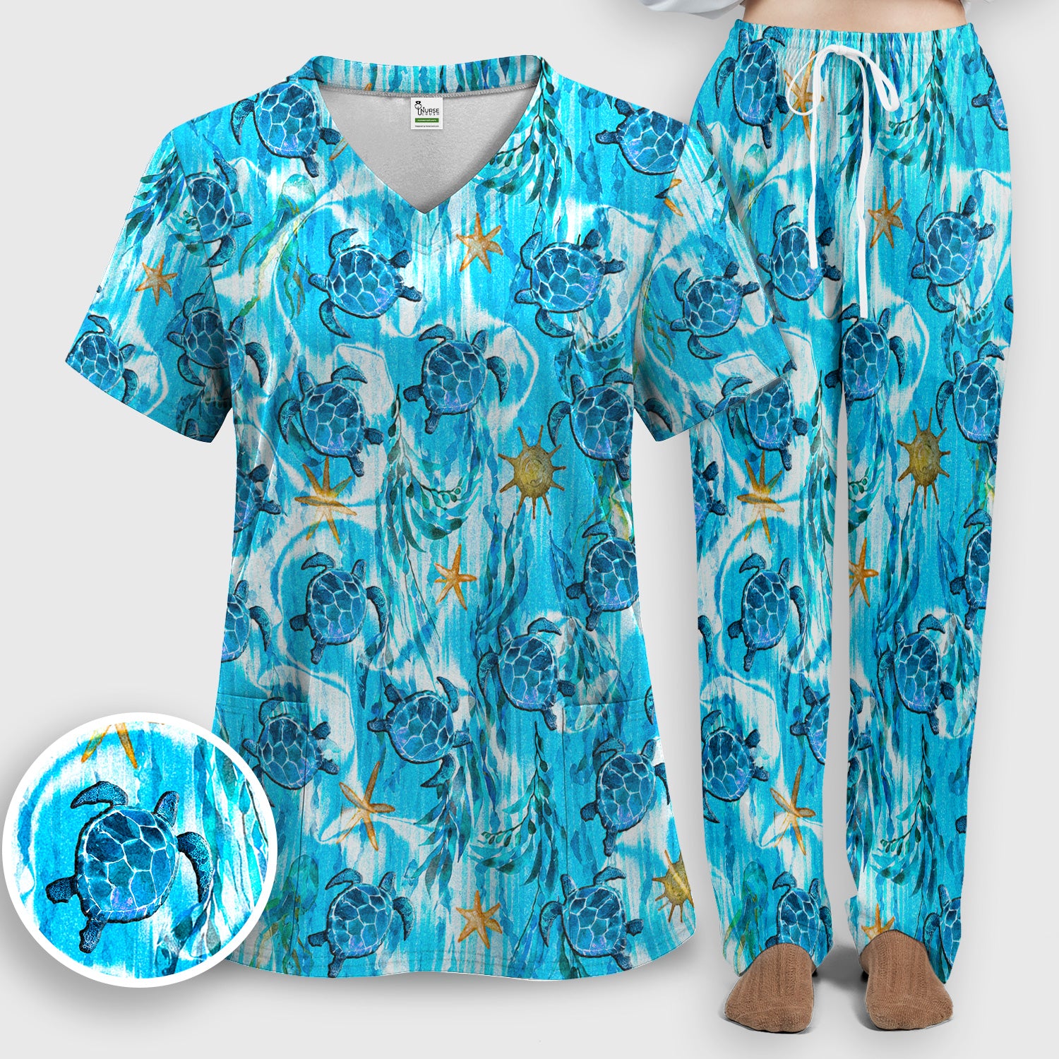 Coastal Marine Life Print Scrub Set, Scrub Pants and V Neck Top
