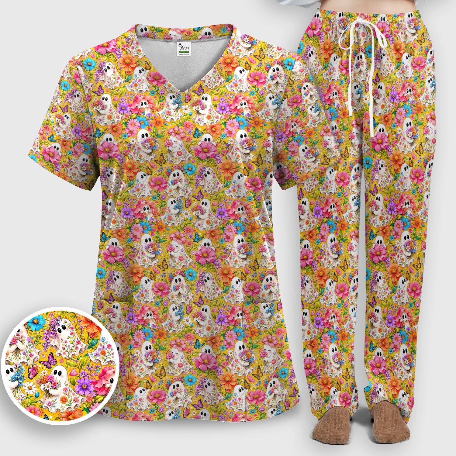 Cute Floral Ghosts And Butterflies Scrub Set, Scrub Pants and V Neck Top