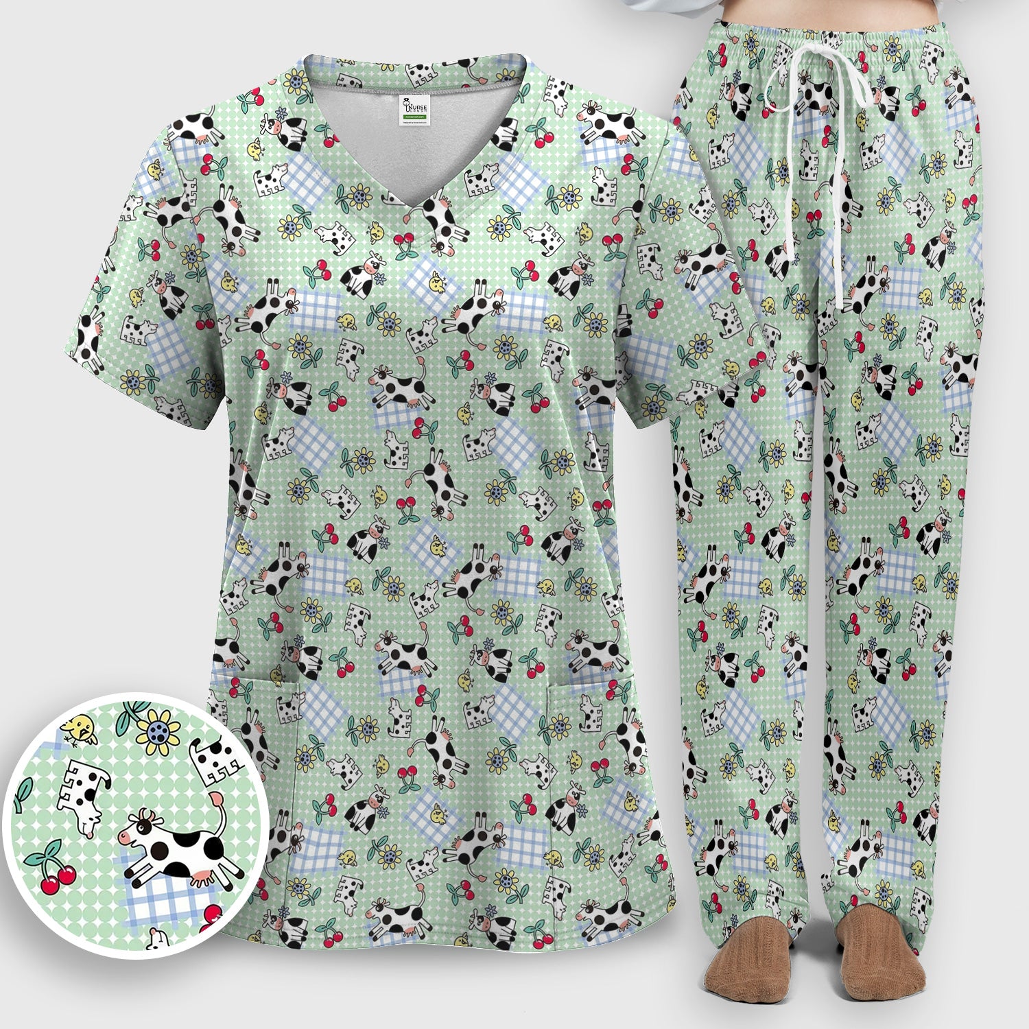 Cute Cow Cherry Farm Garden Pattern Nurse Scrub Set, Scrub Pants and V Neck Top