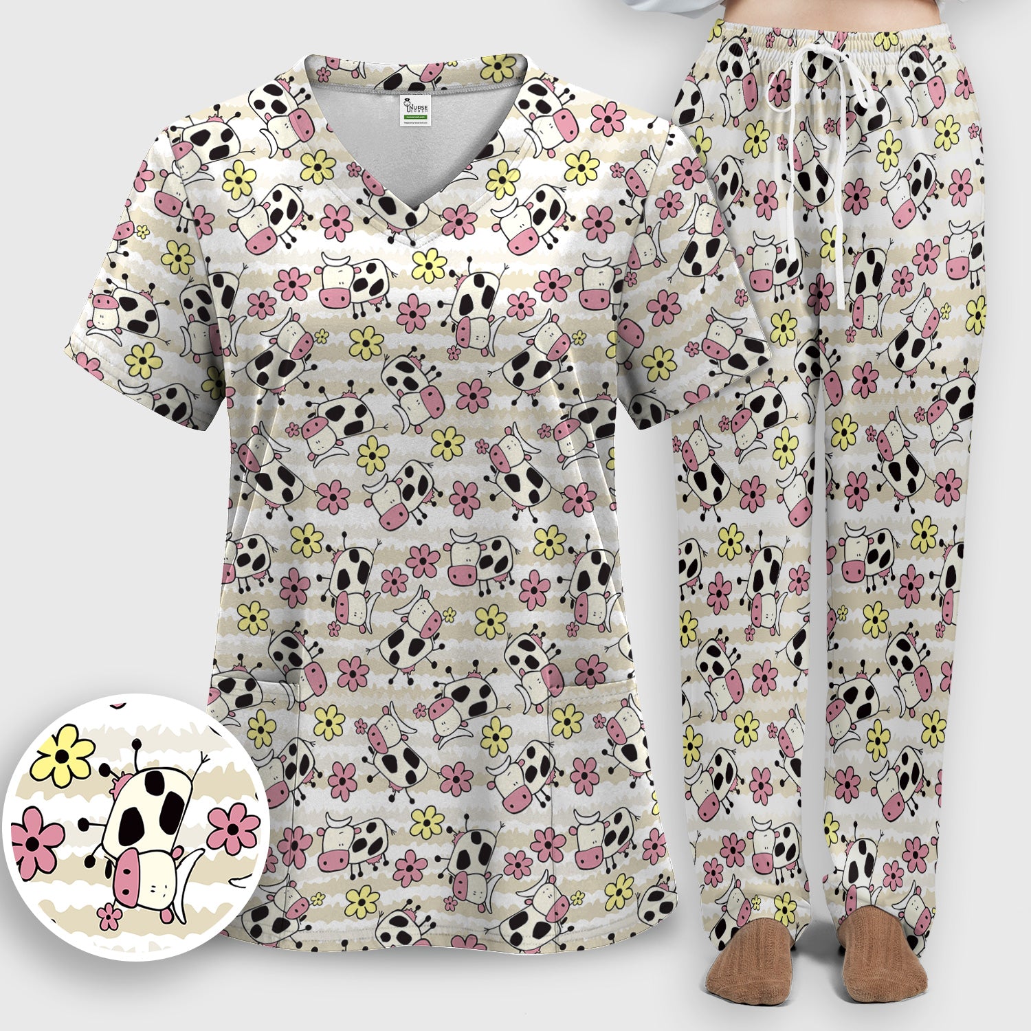 Cute Cartoon Cow Flower Meadow Pattern Nurse Scrub Set, Scrub Pants and V Neck Top