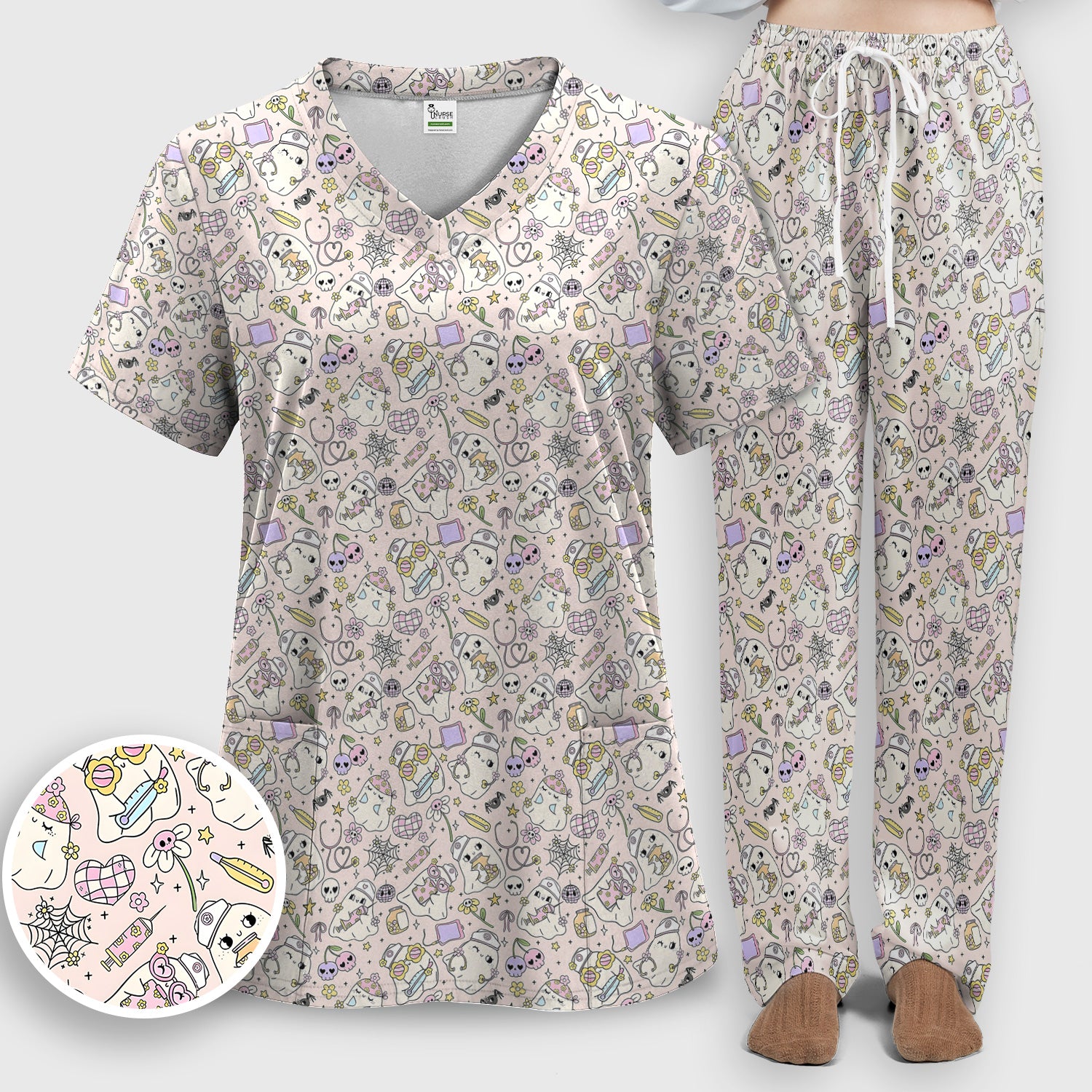 Cute Halloween Nurse Ghosts Pattern Scrub Set, Scrub Pants and V Neck Top