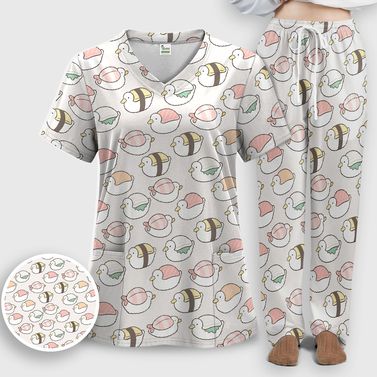 Cute Nigiri Sushi Ducks Pattern Scrub Set, Scrub Pants and V Neck Top