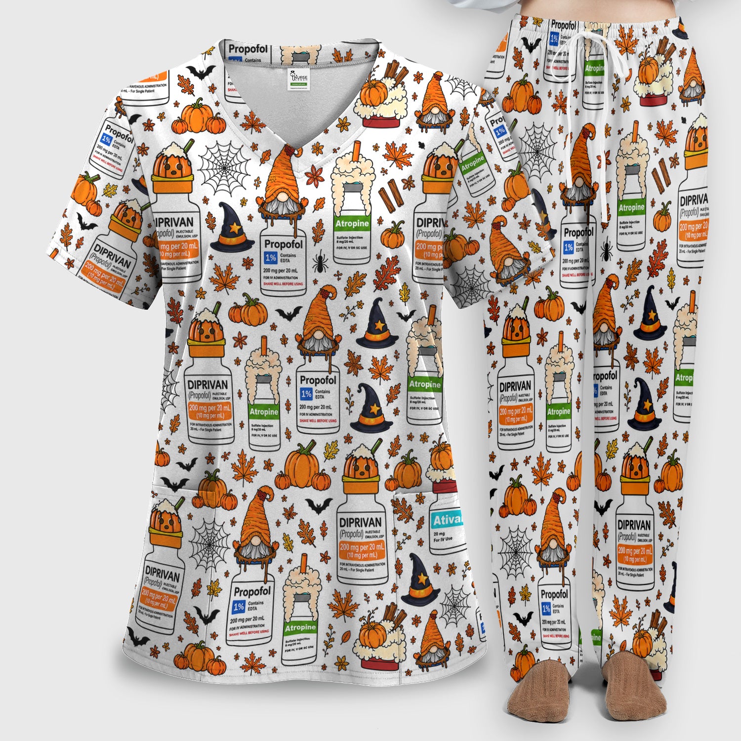Funny Witch Hat & Pumpkin Print Scrub Set, Scrub Pants and V Neck Top