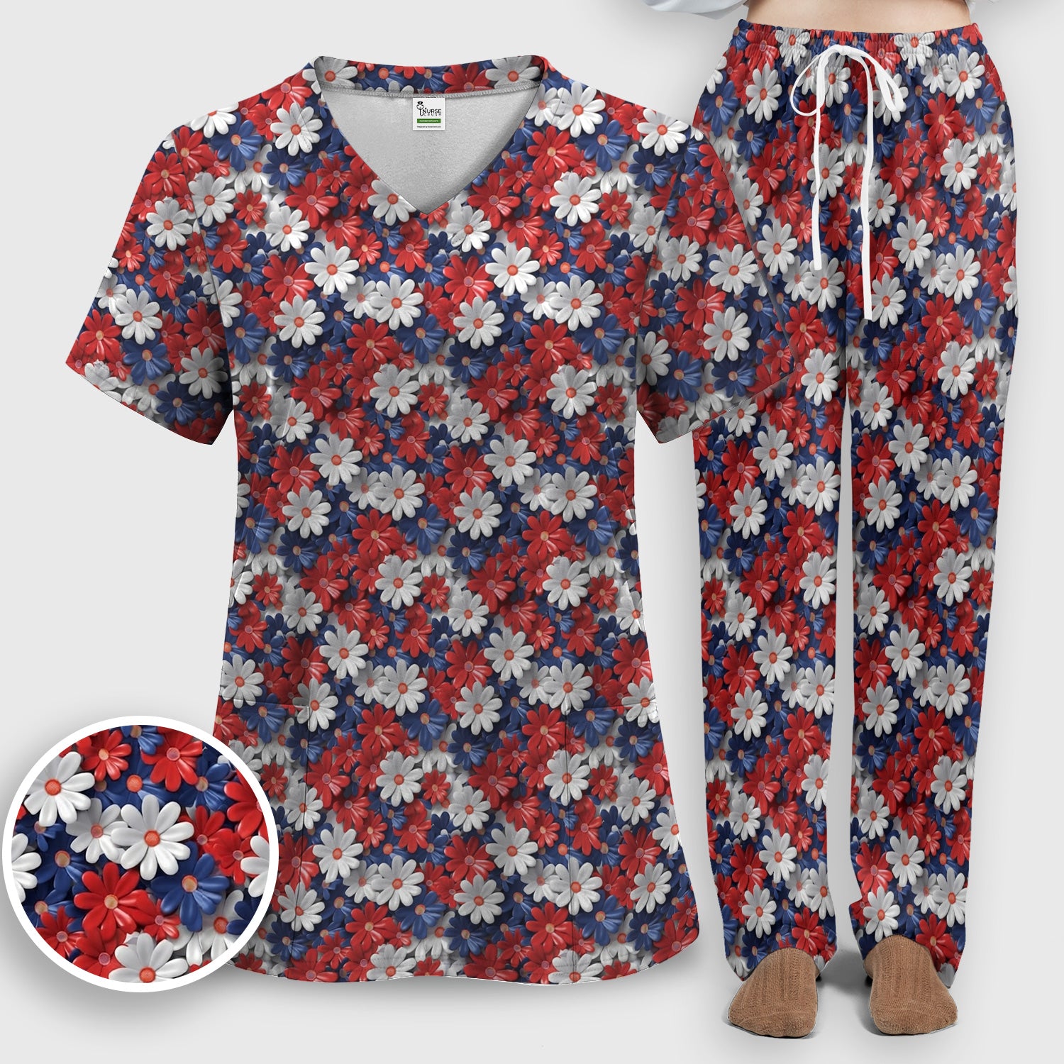 Festive Patriotic Daisy Bloom Pattern Scrub Set, Scrub Pants and V Neck Top