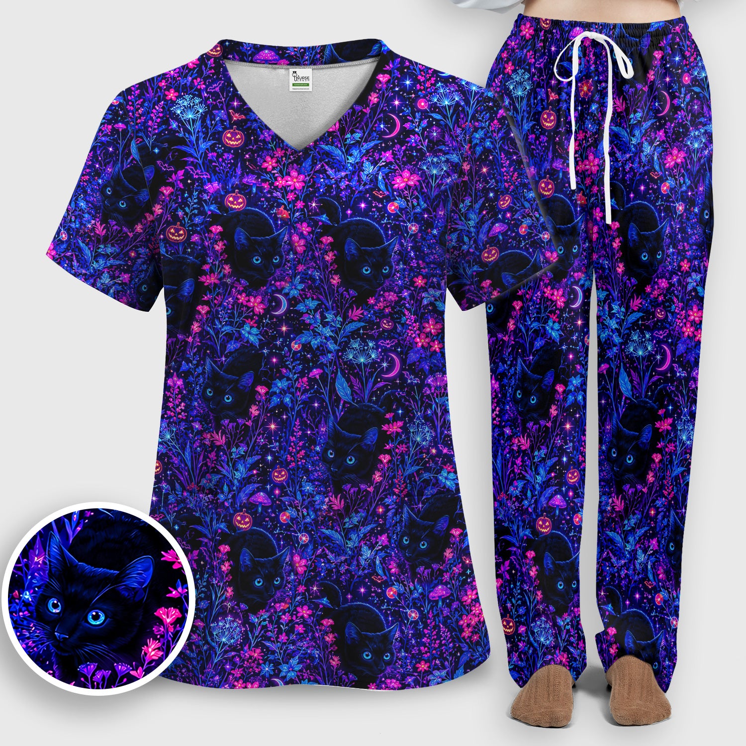 Spooky Black Cat Garden Pattern Scrub Set, Scrub Pants and V Neck Top