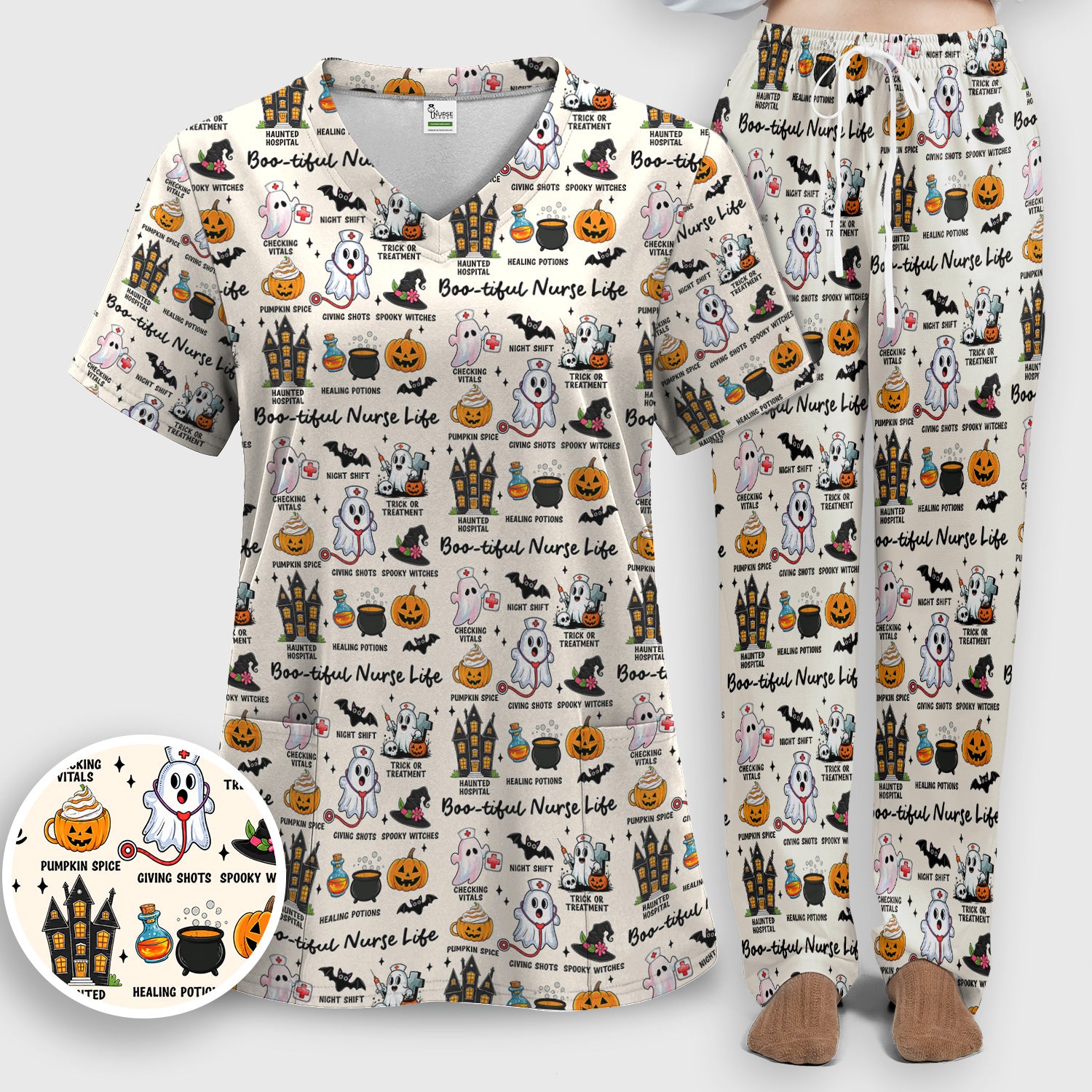 Spooky Halloween Boo-tiful Nurse Life Scrub Set, Scrub Pants and V Neck Top