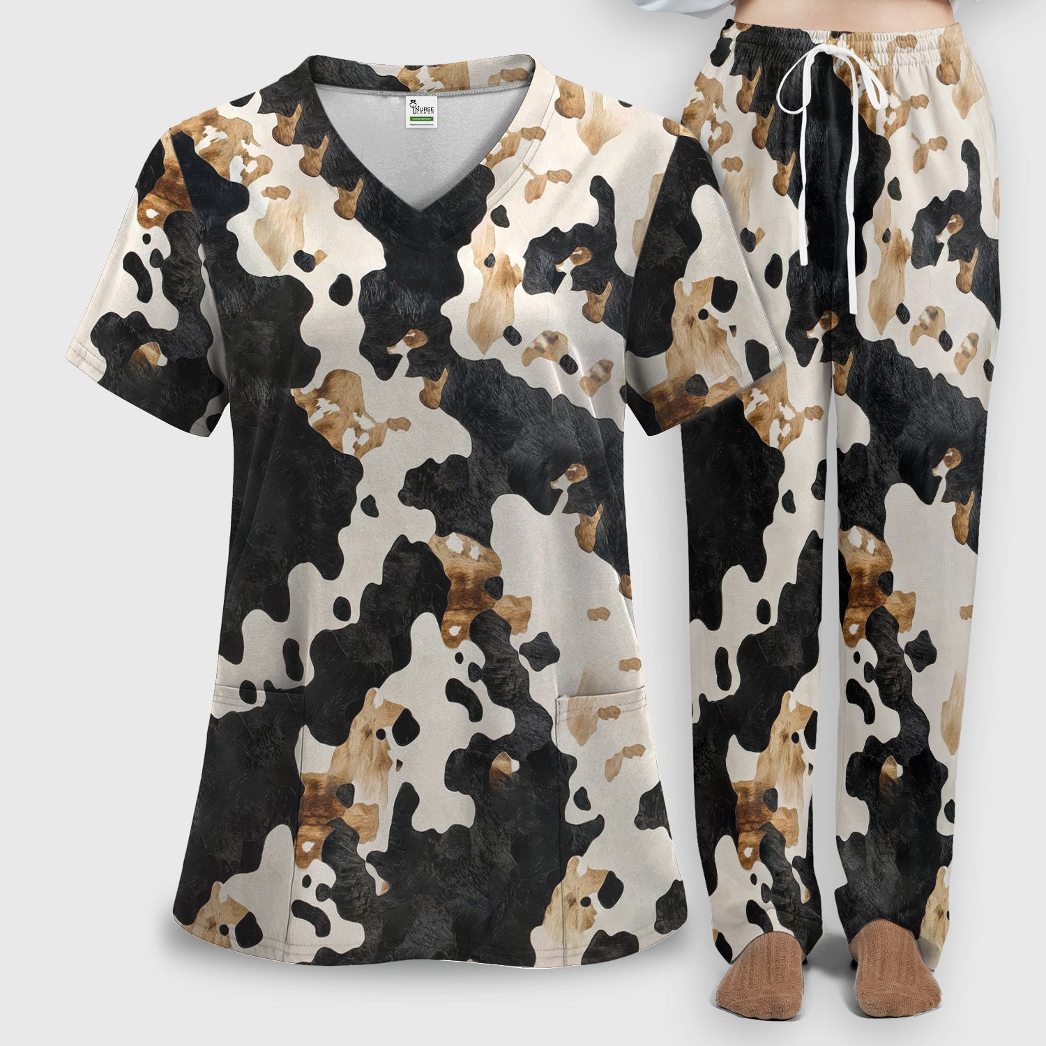 Classic Cow Print Pattern Scrub Set, Women's Scrub Sets