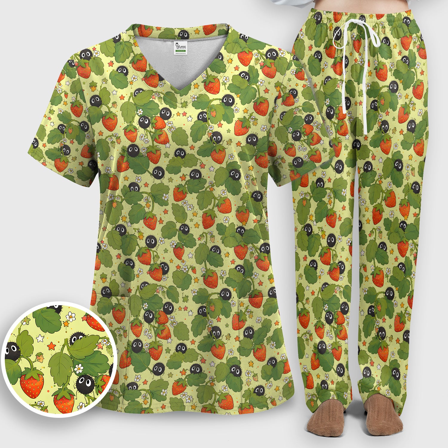 Cute Strawberry Soot Sprite Pattern Scrub Set, Scrub Pants and V Neck Top