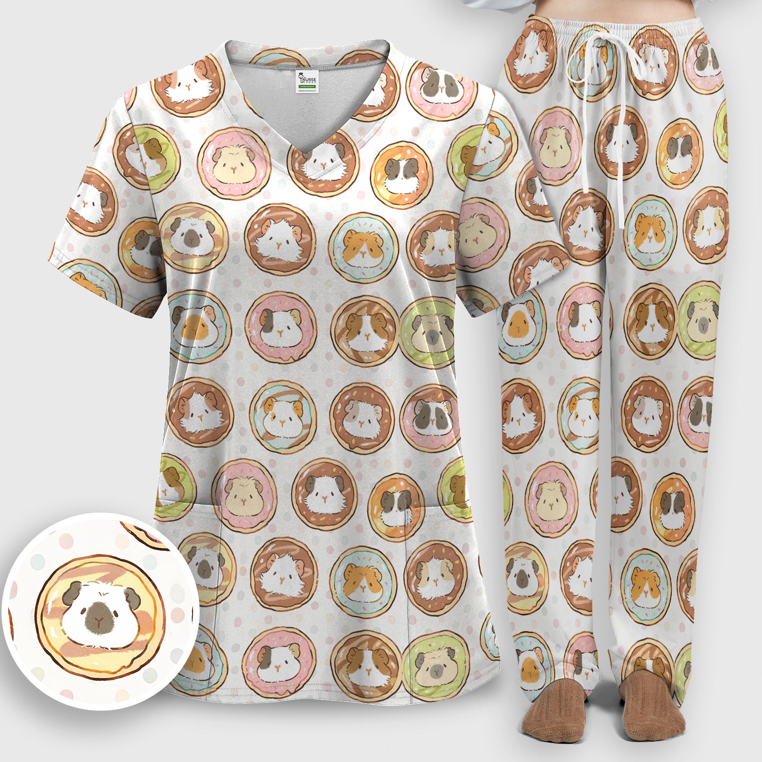 Cute Guinea Pig Donut Circle Pattern Scrub Set, Scrub Pants and V Neck Top