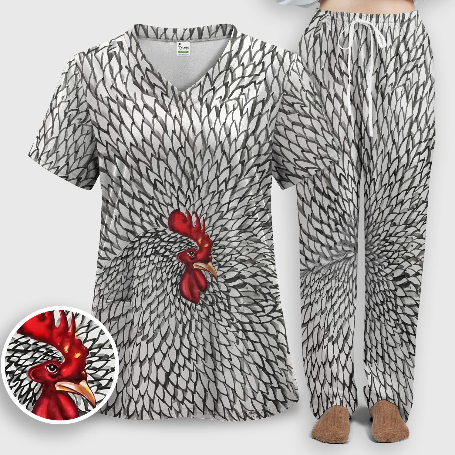 Watercolor Rooster Feather Pattern Scrub Set, Scrub Pants and V Neck Top