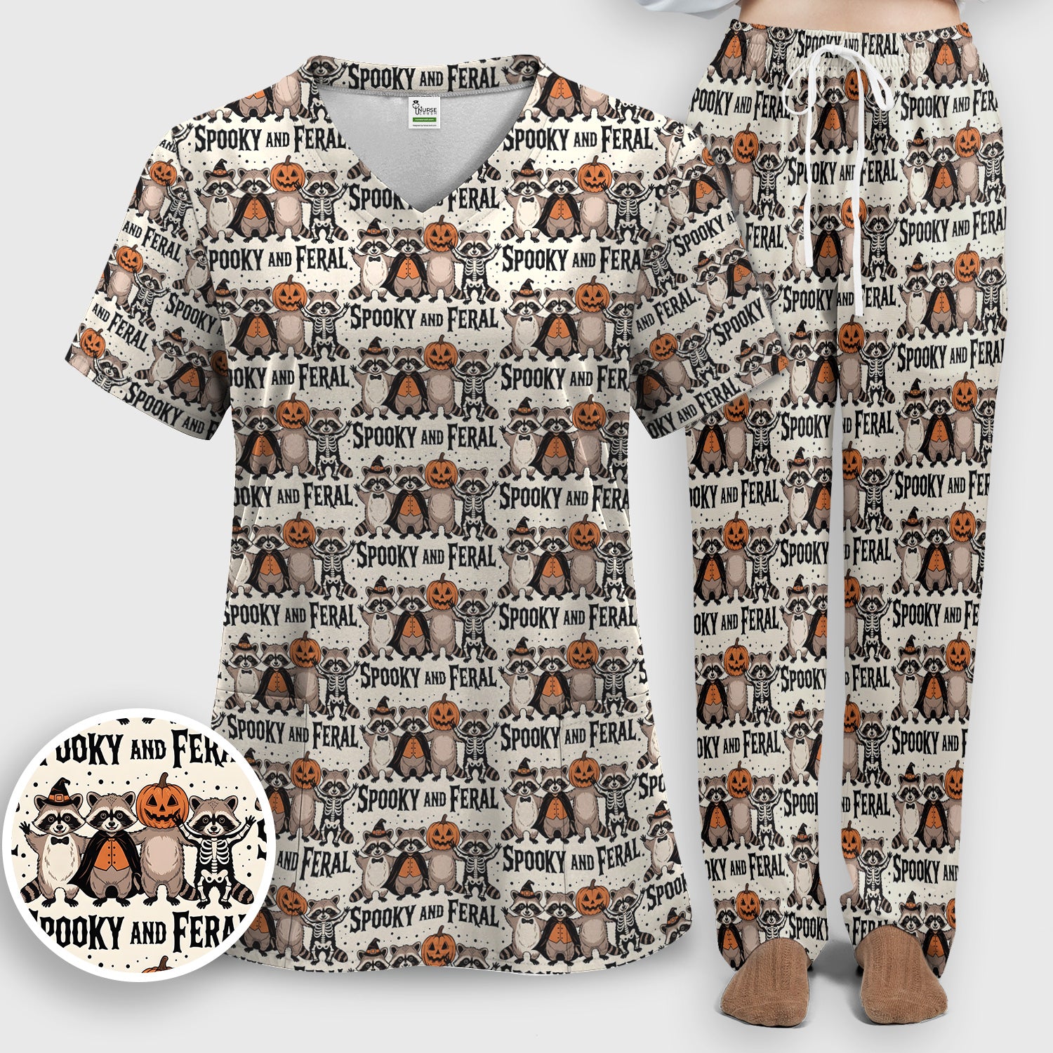 Spooky and Feral Raccoon Print Scrub Set, Scrub Pants and V Neck Top