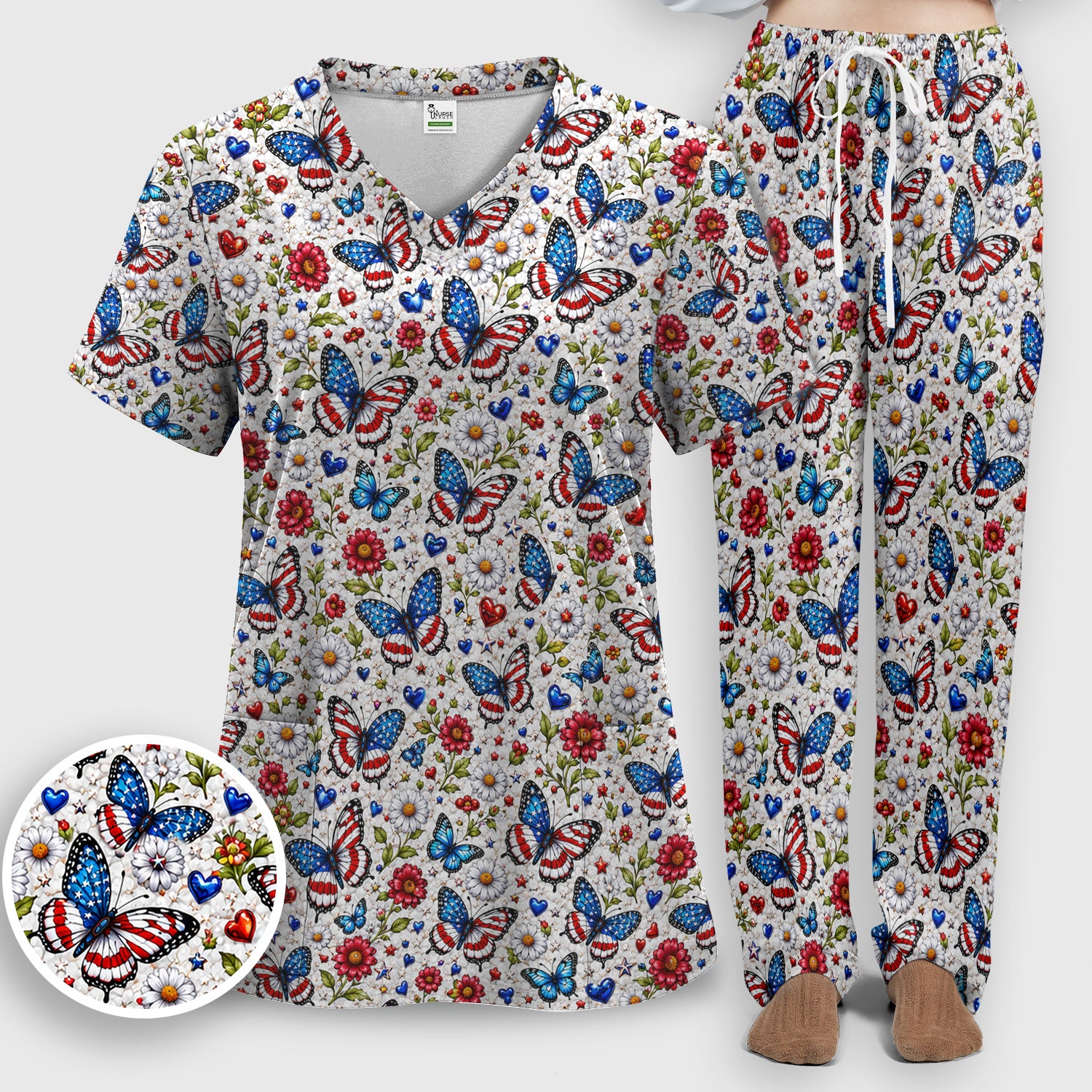 Patriotic Butterfly Daisy Heart Pattern Scrub Set, Scrub Pants and V Neck Top