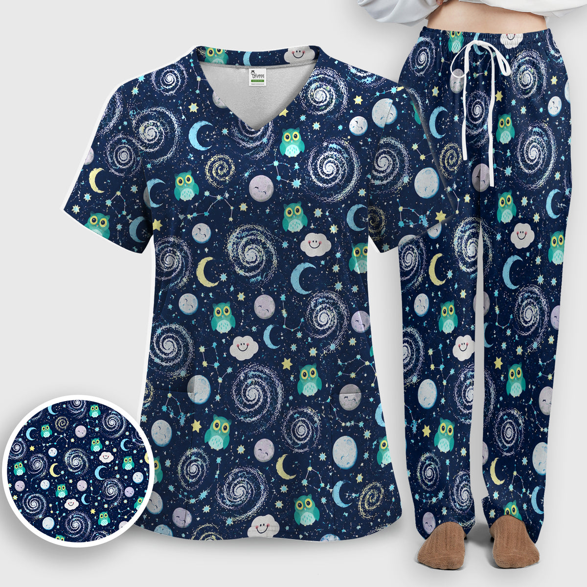 Cute Night Owl Galaxy Pattern Scrub Set, Scrub Pants and V Neck Top