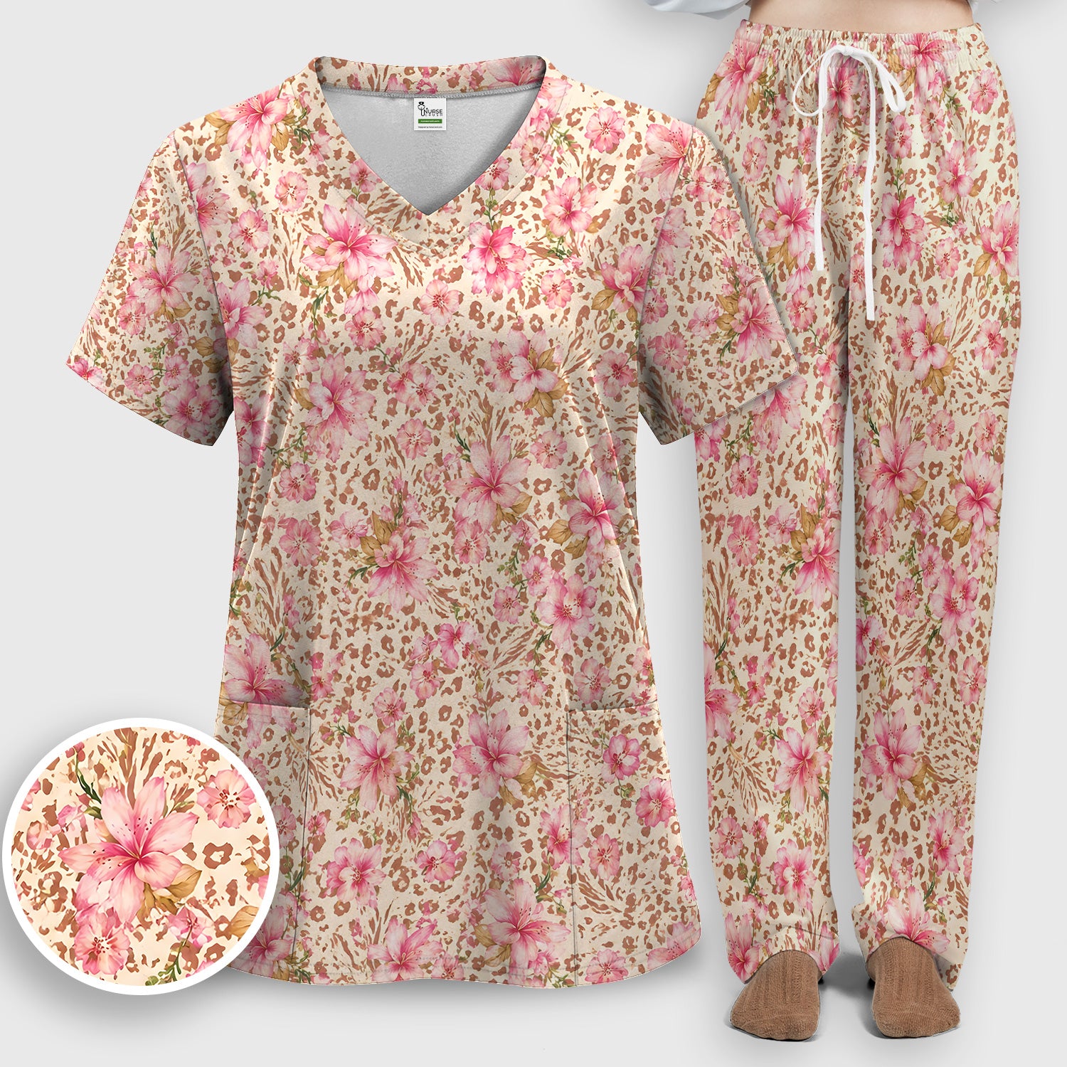 Pink Floral Leopard Print Pattern Scrub Set, Scrub Pants and V Neck Top