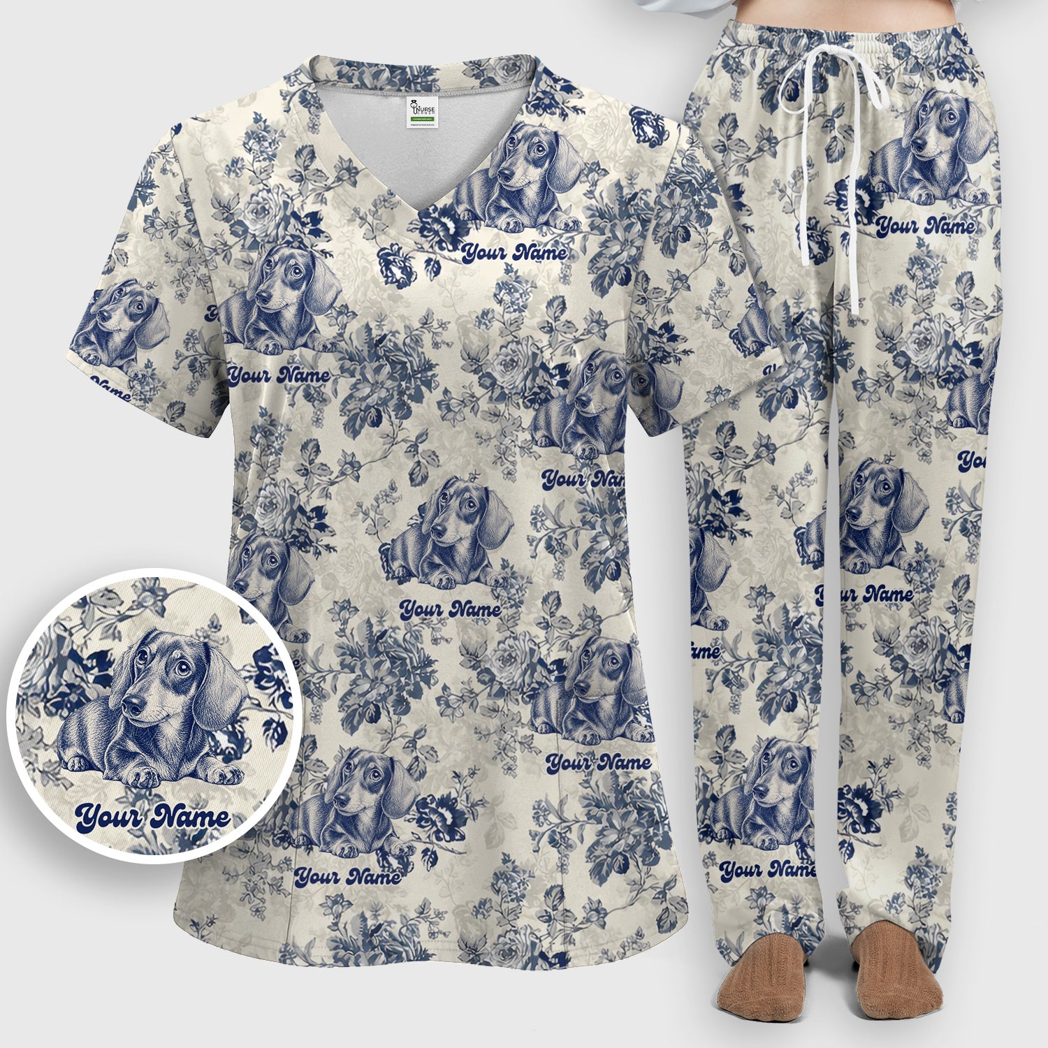 Personalized Vintage Floral Dachshund Portrait Scrub Set, Scrub Pants and V Neck Top
