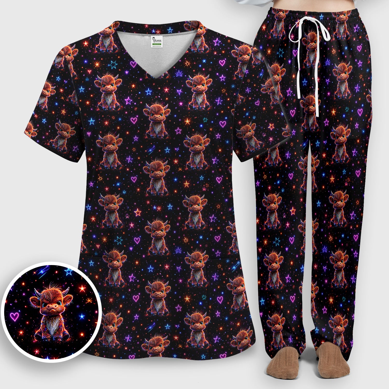 Neon Highland Cow Stars Pattern Scrub Set, Scrub Pants and V Neck Top
