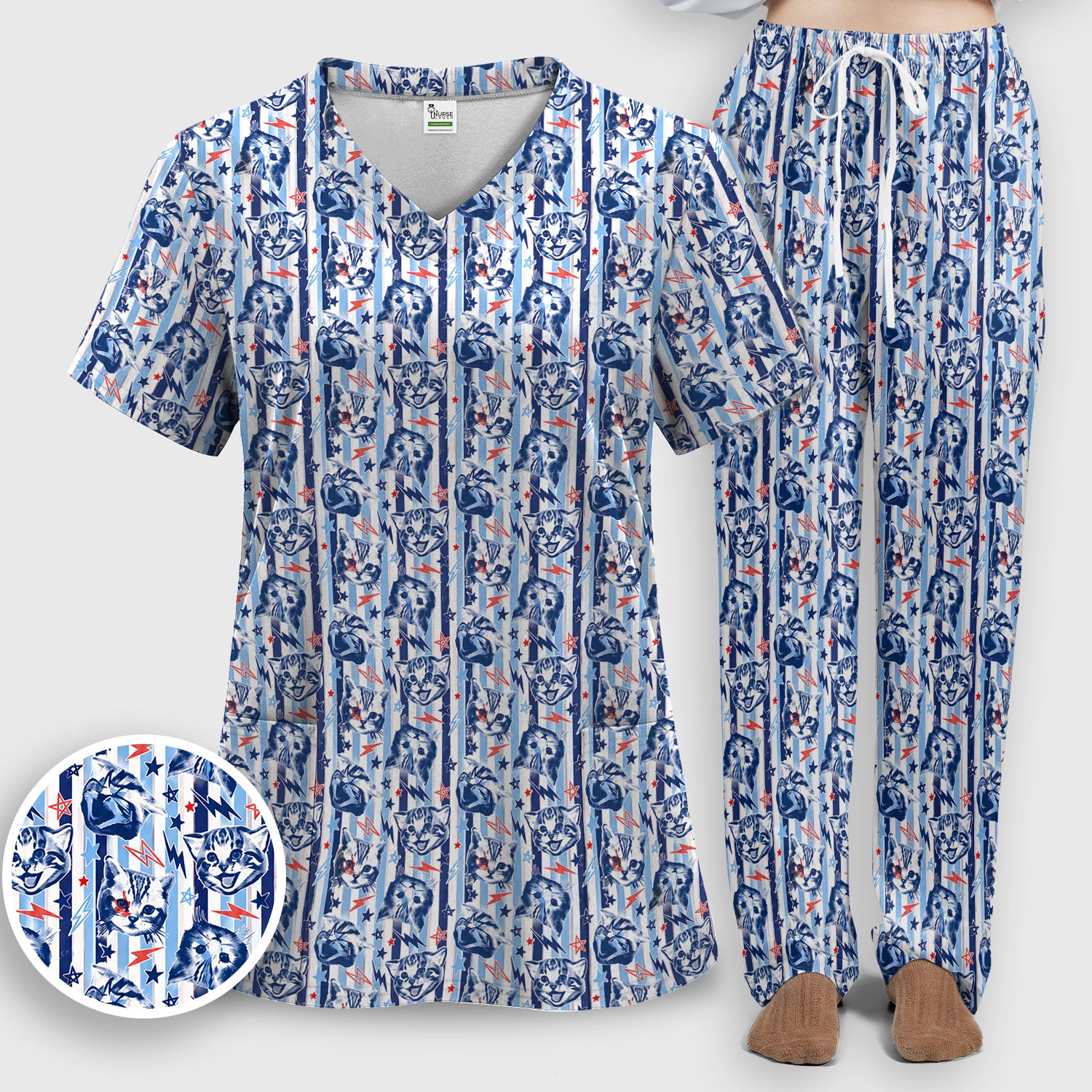 Cute Cat Faces With Lightning Print Scrub Set, Scrub Pants and V Neck Top